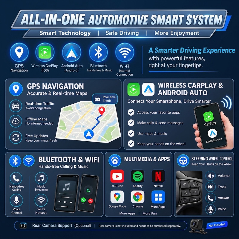 Ein Werbebanner zeigt Funktionen eines All-in-One-Autosystems wie GPS, CarPlay, Bluetooth und Multimedia.