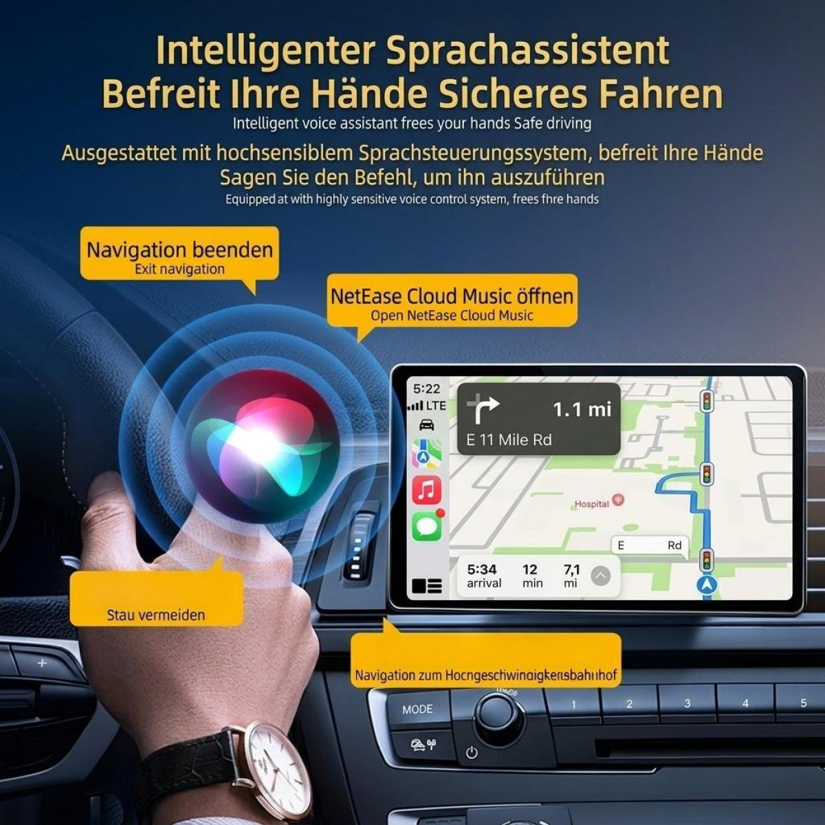 Autoinnenraum mit einem Sprachassistenten auf dem Bildschirm und deutscher und englischer Werbung.