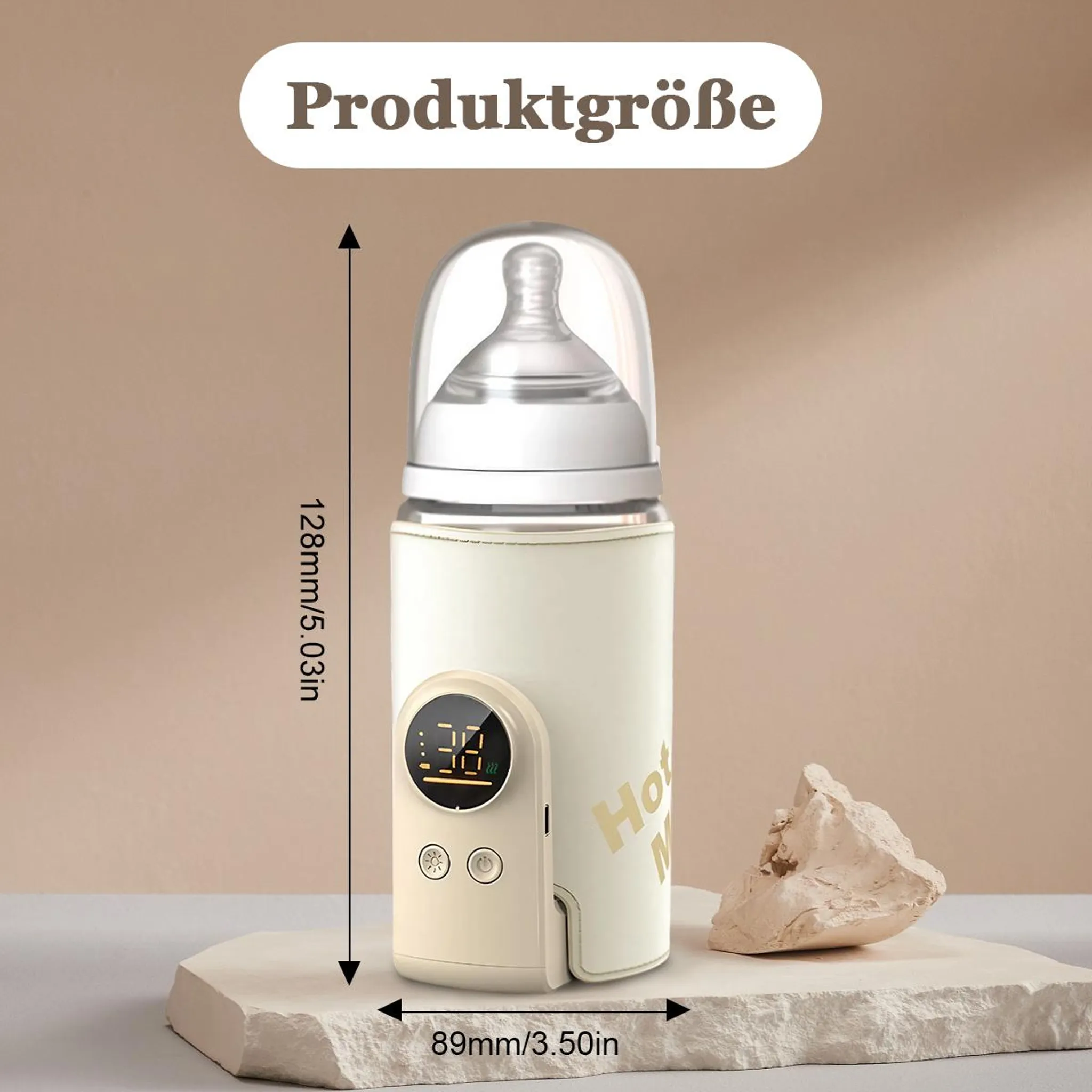 Beige Babyflasche mit digitalem Display und Maßangaben in Millimetern und Zoll auf neutralem Hintergrund.