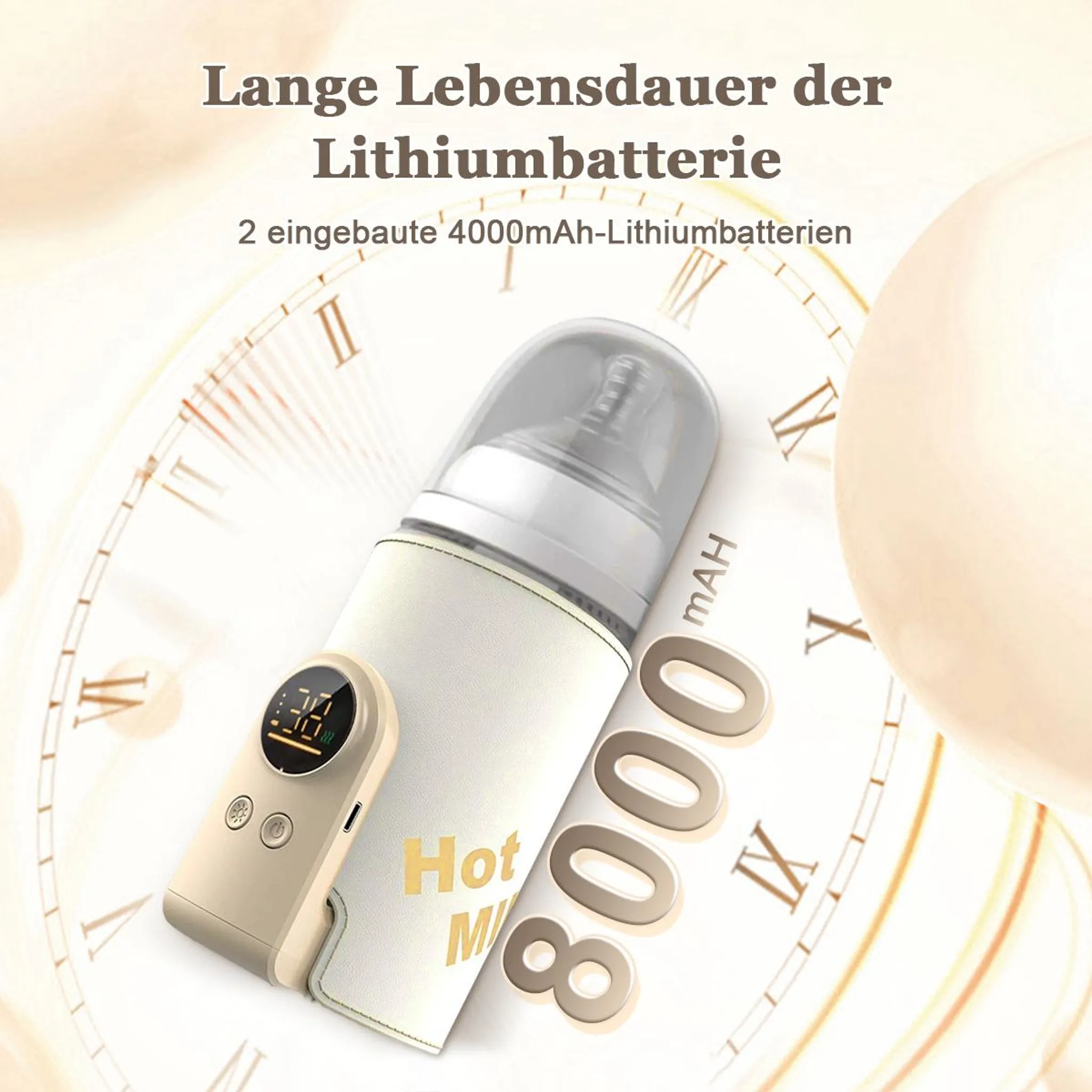 Tragbarer Babyflaschenwärmer mit Display, vor einer Uhr und Werbetext über Akkulaufzeit.