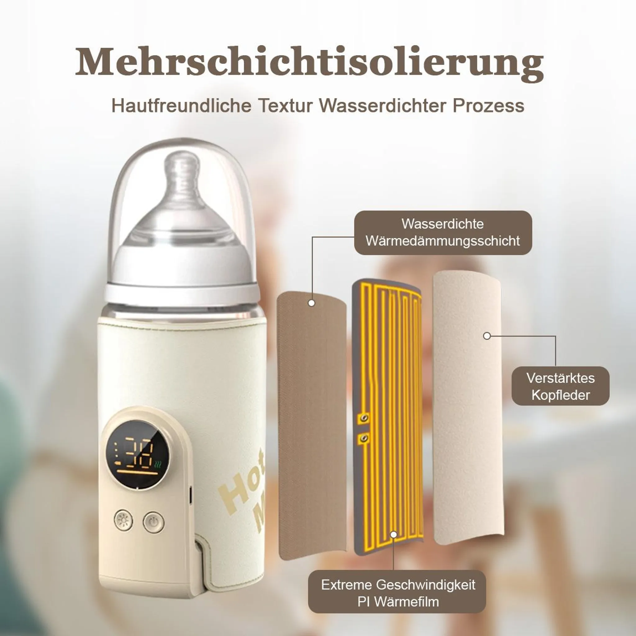Diagramm einer Babyflasche mit mehrschichtiger Isolierung, digitalem Display und verschiedenen Materialschichten.