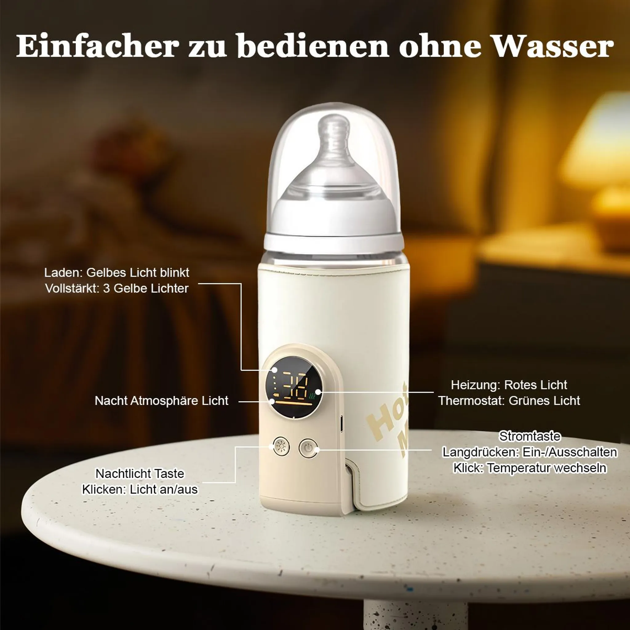 Ein tragbarer Fläschchenwärmer auf einem Tisch mit deutscher Beschriftung zu den Funktionen und Ladeanzeigen.