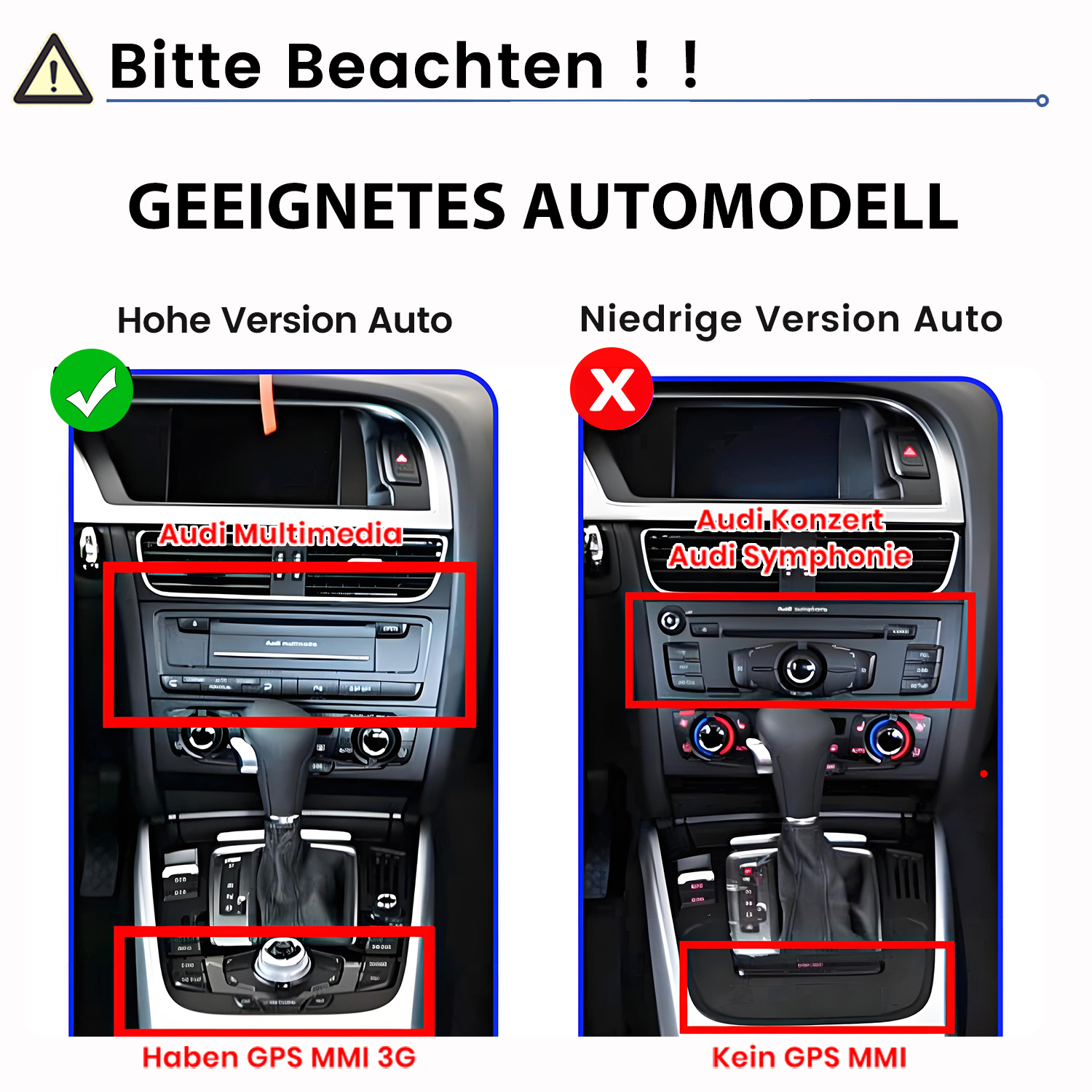 Vergleich zweier Audi-Armaturenbretter: High-Version mit GPS MMI 3G und Low-Version ohne GPS MMI.