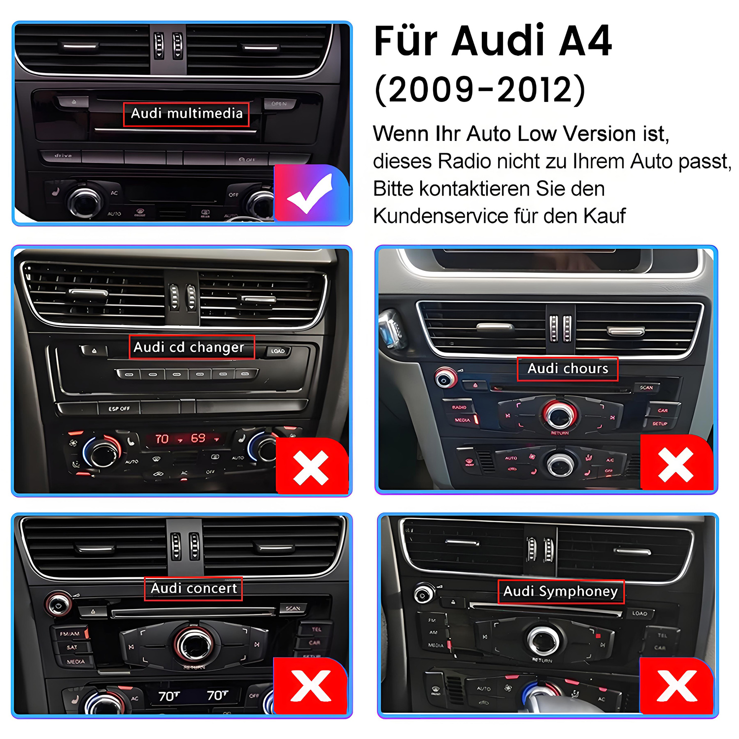 Das Bild zeigt Audi A4 Radiokompatibilität für Baujahre 2009 bis 2012.