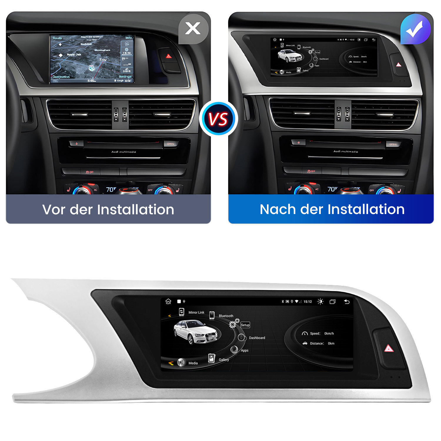 Autoinnenraum mit Car-Display vorher und nachher im Vergleich sowie das Display separat.