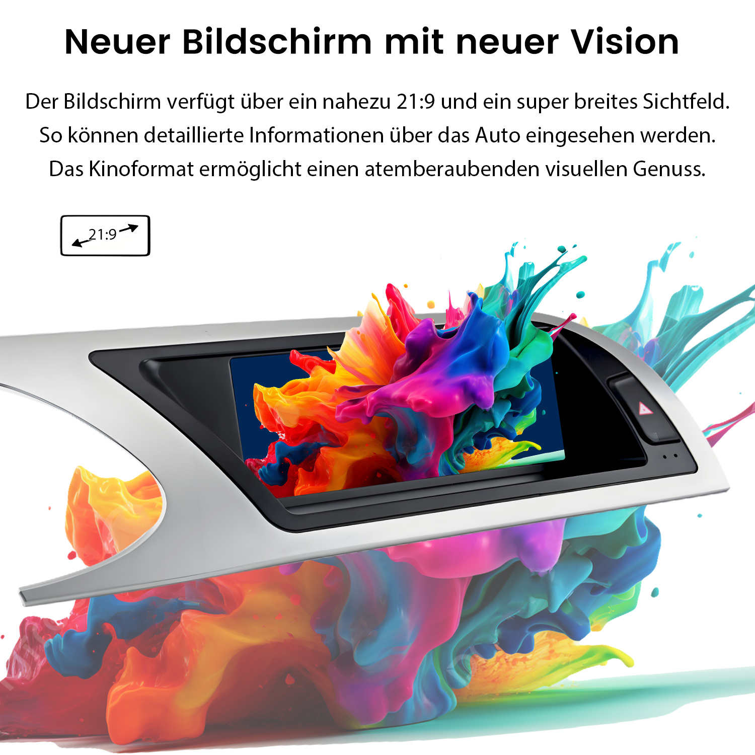 Auto-Bildschirm mit 21:9-Format, umgeben von einer lebendigen Farbexplosion und deutschem Text oben.