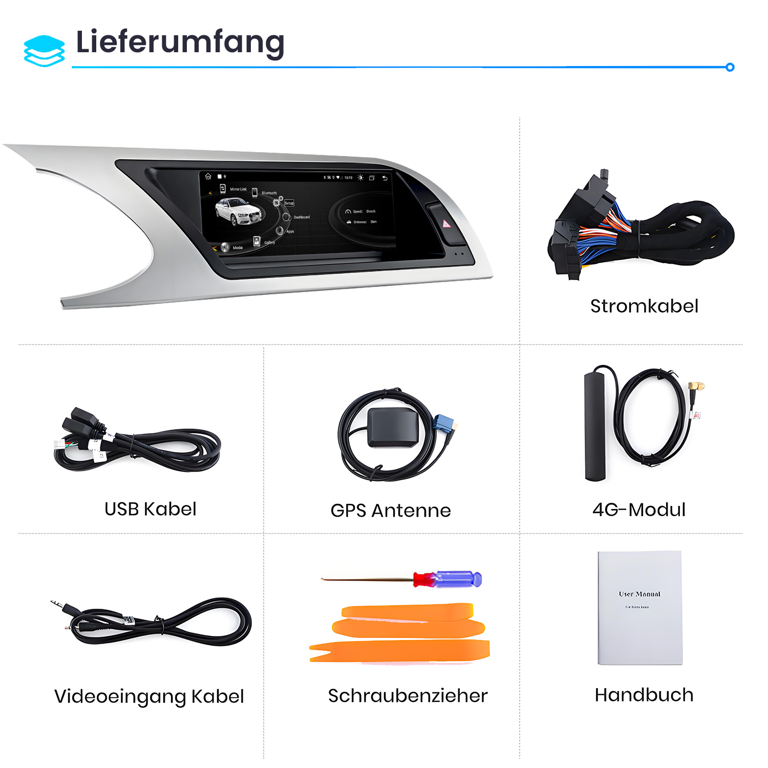 Lieferumfang eines Autoradios mit Display, Kabeln, GPS-Antenne, 4G-Modul, Werkzeug und Handbuch.