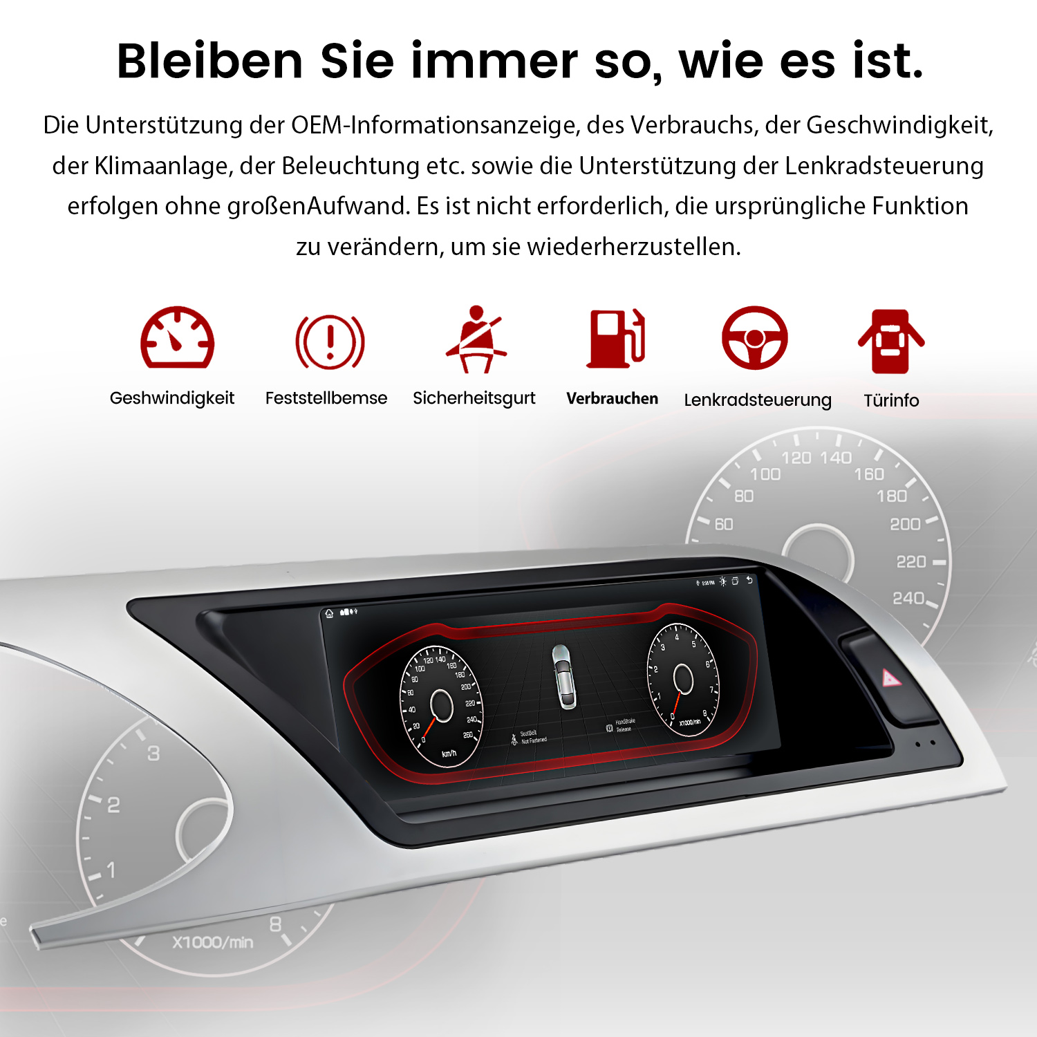 Auto-Instrumentenanzeige mit Icons für Geschwindigkeit, Bremse, Gurt, Verbrauch, Lenkung und Türen.