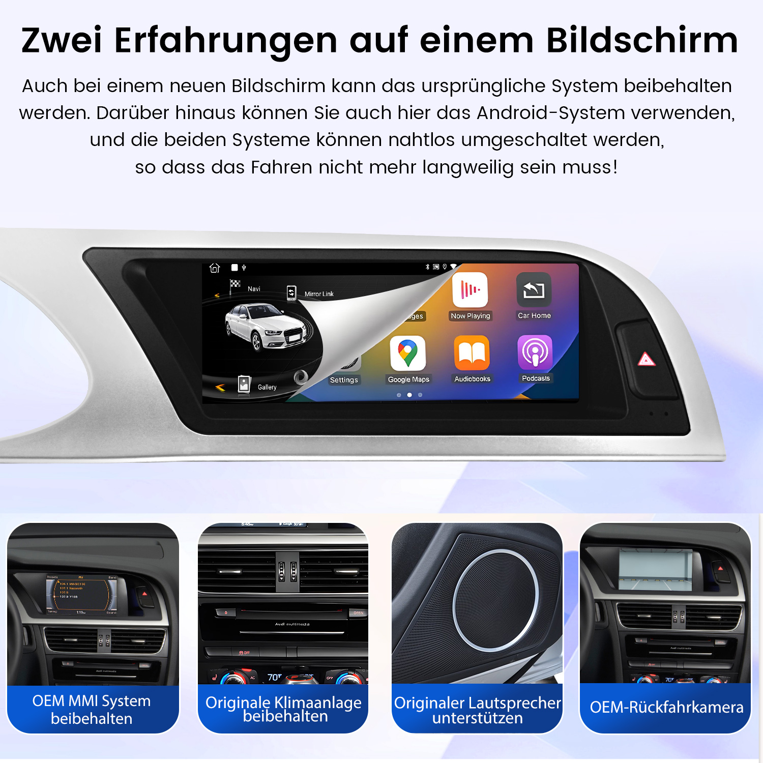 Autobildschirm mit App-Icons und vier Detailfotos zu MMI-System, Klimaanlage, Lautsprecher und Rückfahrkamera.