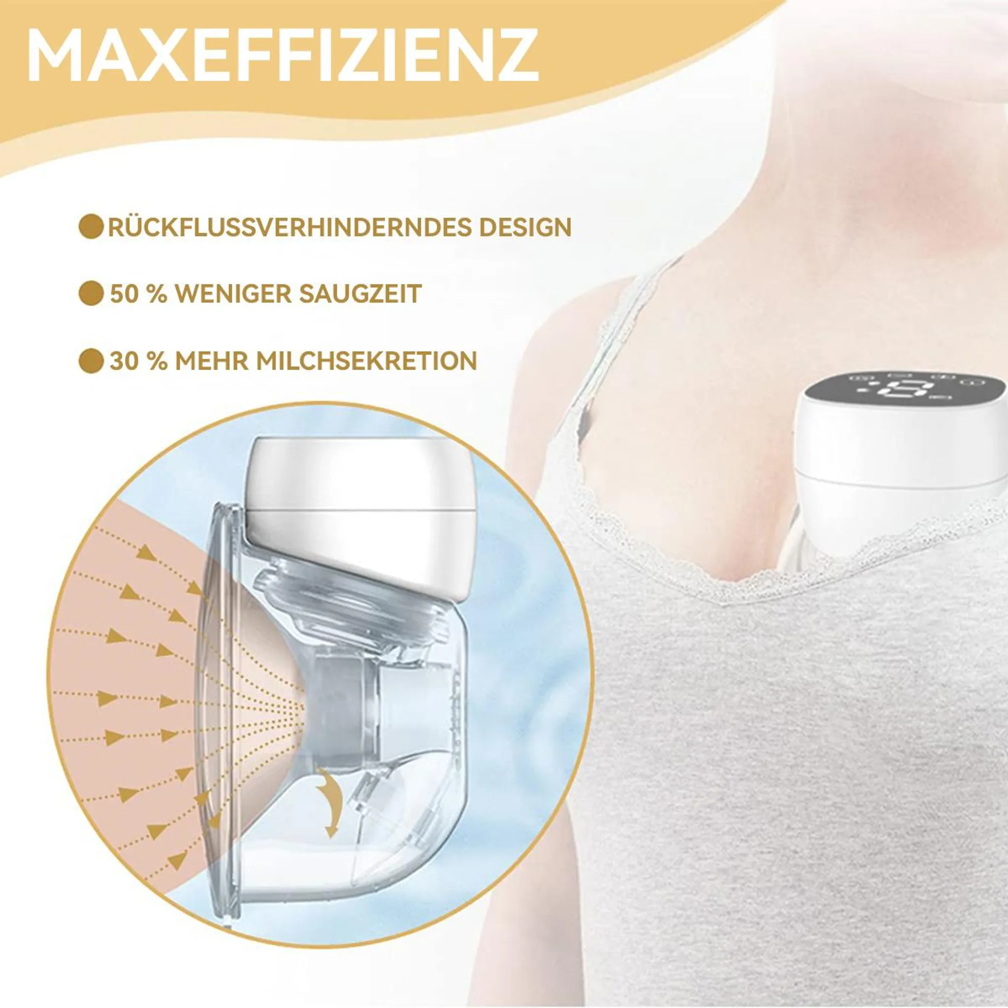 Eine tragbare Milchpumpe in einem BH und ein vergrößertes Diagramm, das den inneren Saugmechanismus zeigt.