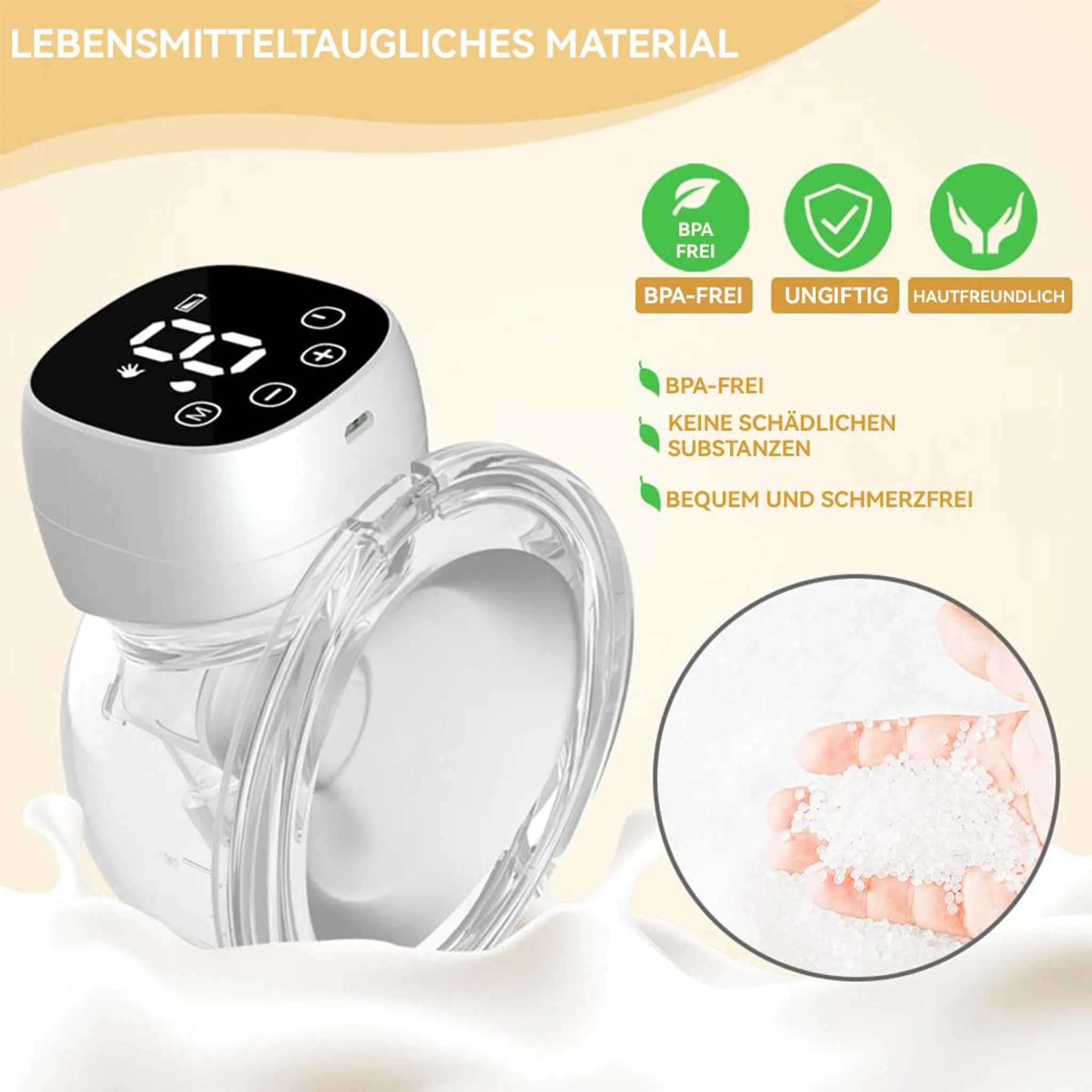 Tragbare weiße Milchpumpe mit Display und Icons für BPA-frei, ungiftig und hautverträglich auf beigem Grund.
