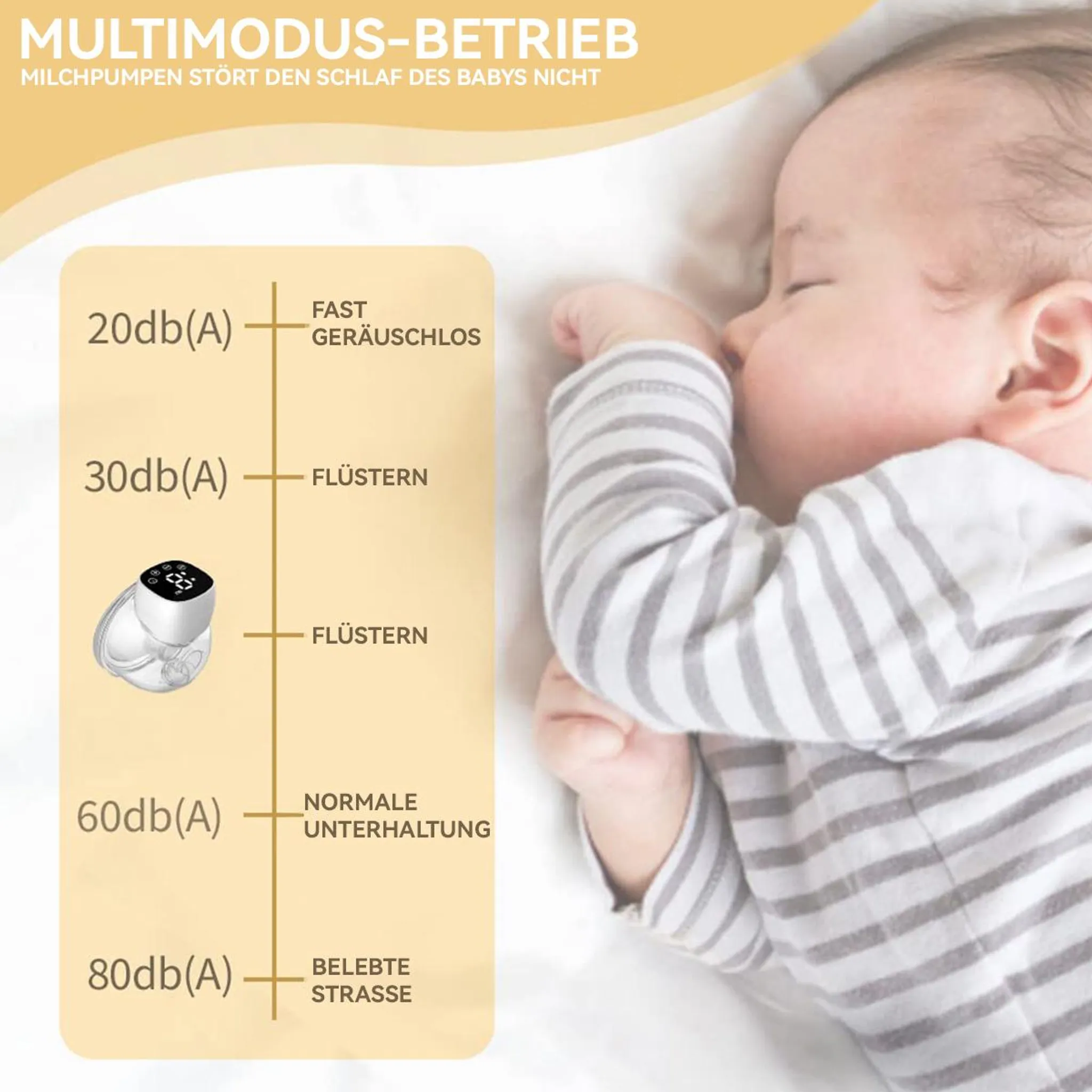 Ein schlafendes Baby neben einer Grafik, die den leisen Geräuschpegel einer Milchpumpe zeigt.