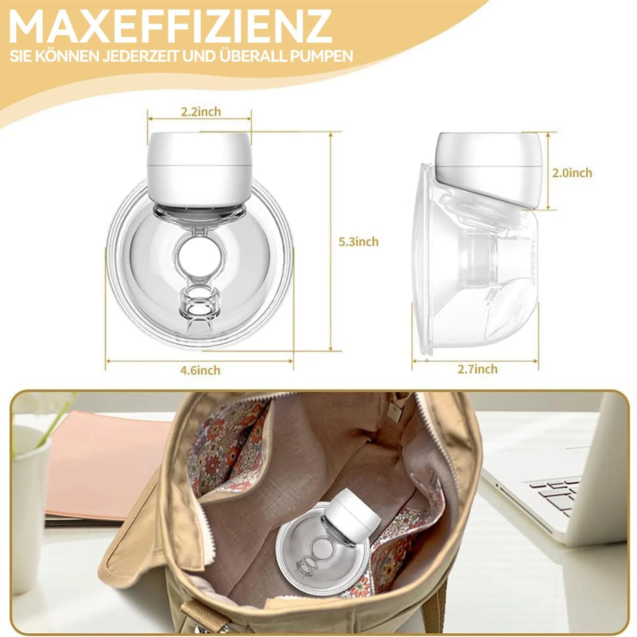 Technische Maße einer tragbaren Milchpumpe mit Ansicht in einer Handtasche.