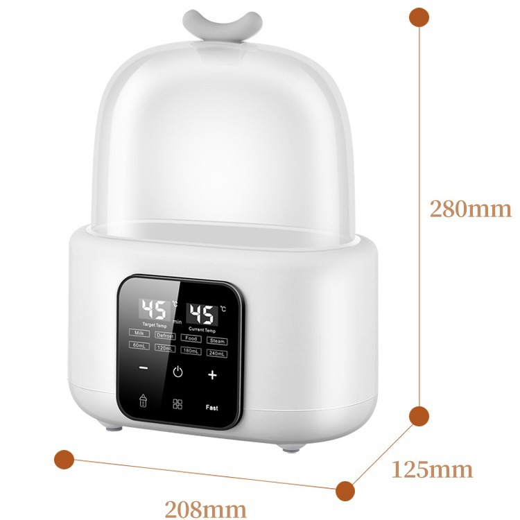 Weißer Flaschenwärmer mit Digitaldisplay, klarem Deckel und Maßlinien von 280mm, 208mm und 125mm.