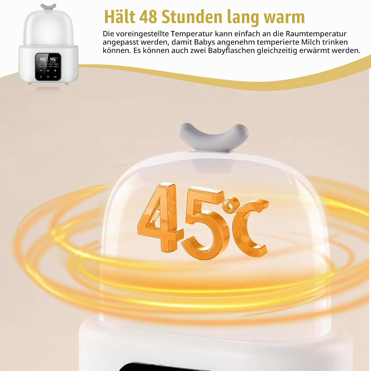 Ein weißer Flaschenwärmer mit digitalem Display zeigt 45 Grad Celsius mit goldenen Ringen.