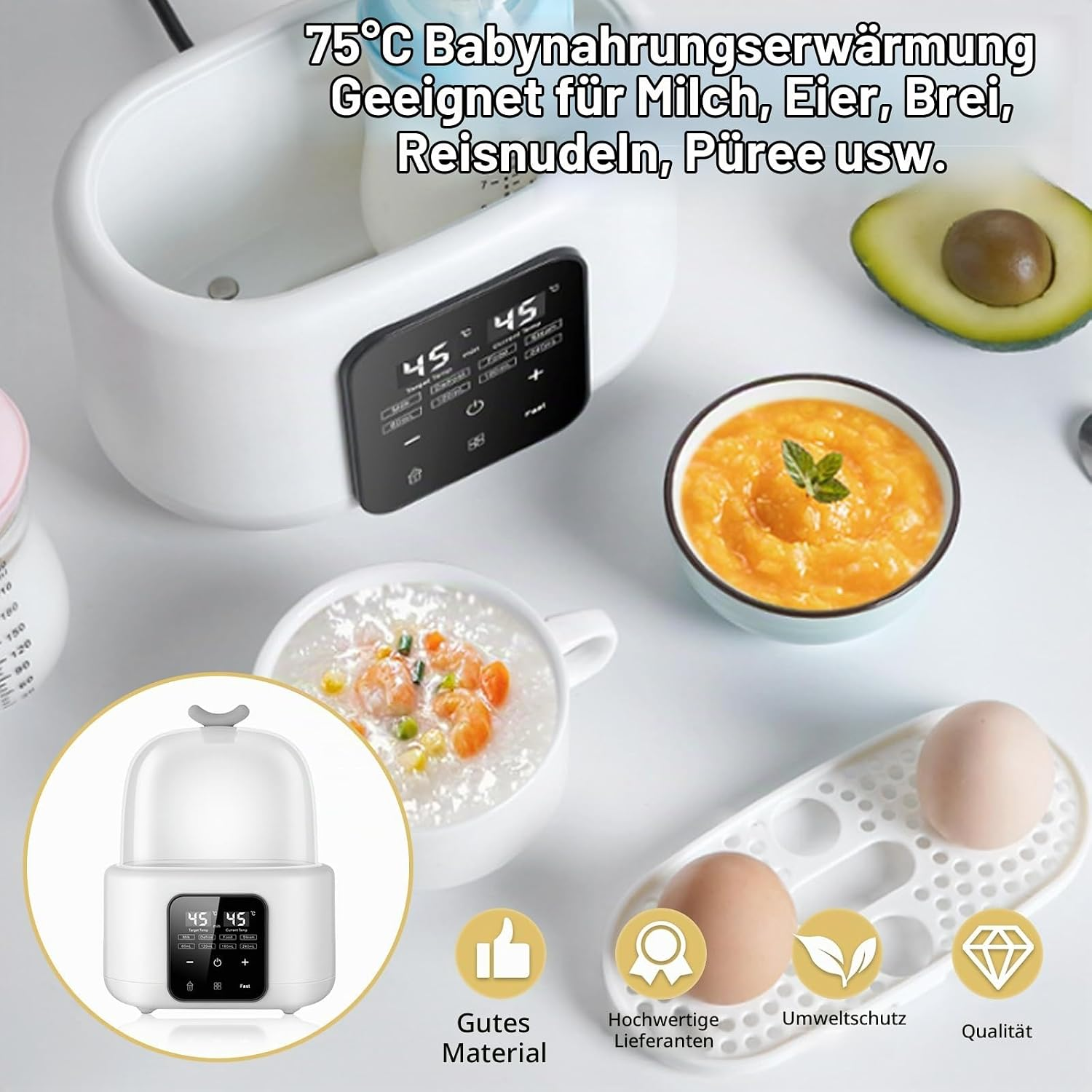 Weißer Babynahrungs-Wärmer mit Digitaldisplay, Fläschchen, Brei, Avocado und Eiern auf dem Tisch.