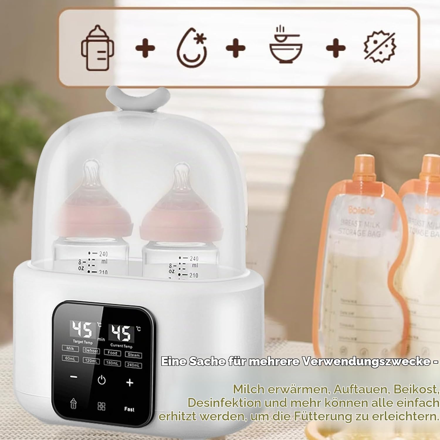 Ein weißer Babyflaschenwärmer mit zwei Flaschen im Inneren und einem Digitaldisplay, neben zwei Milchbeuteln.