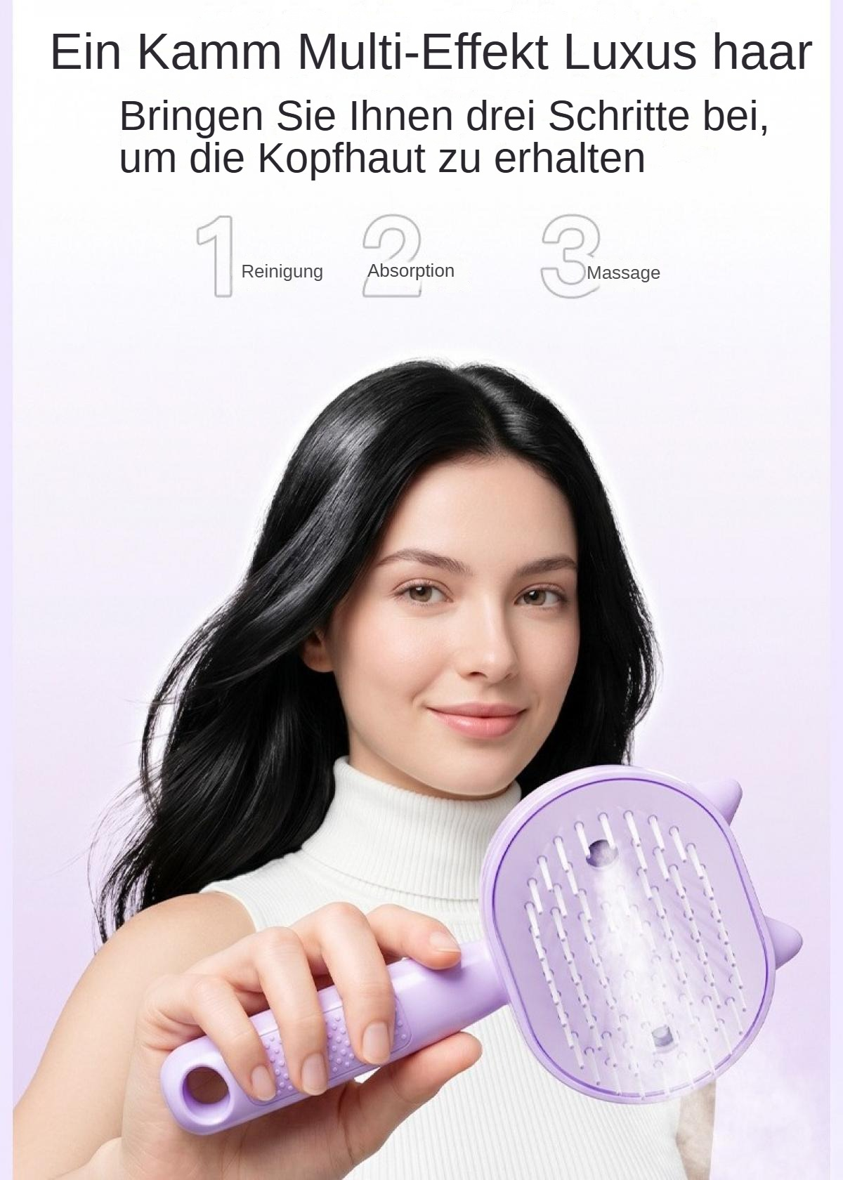 Eine Frau hält eine violette Haarbürste vor einem hellen Hintergrund mit Text.