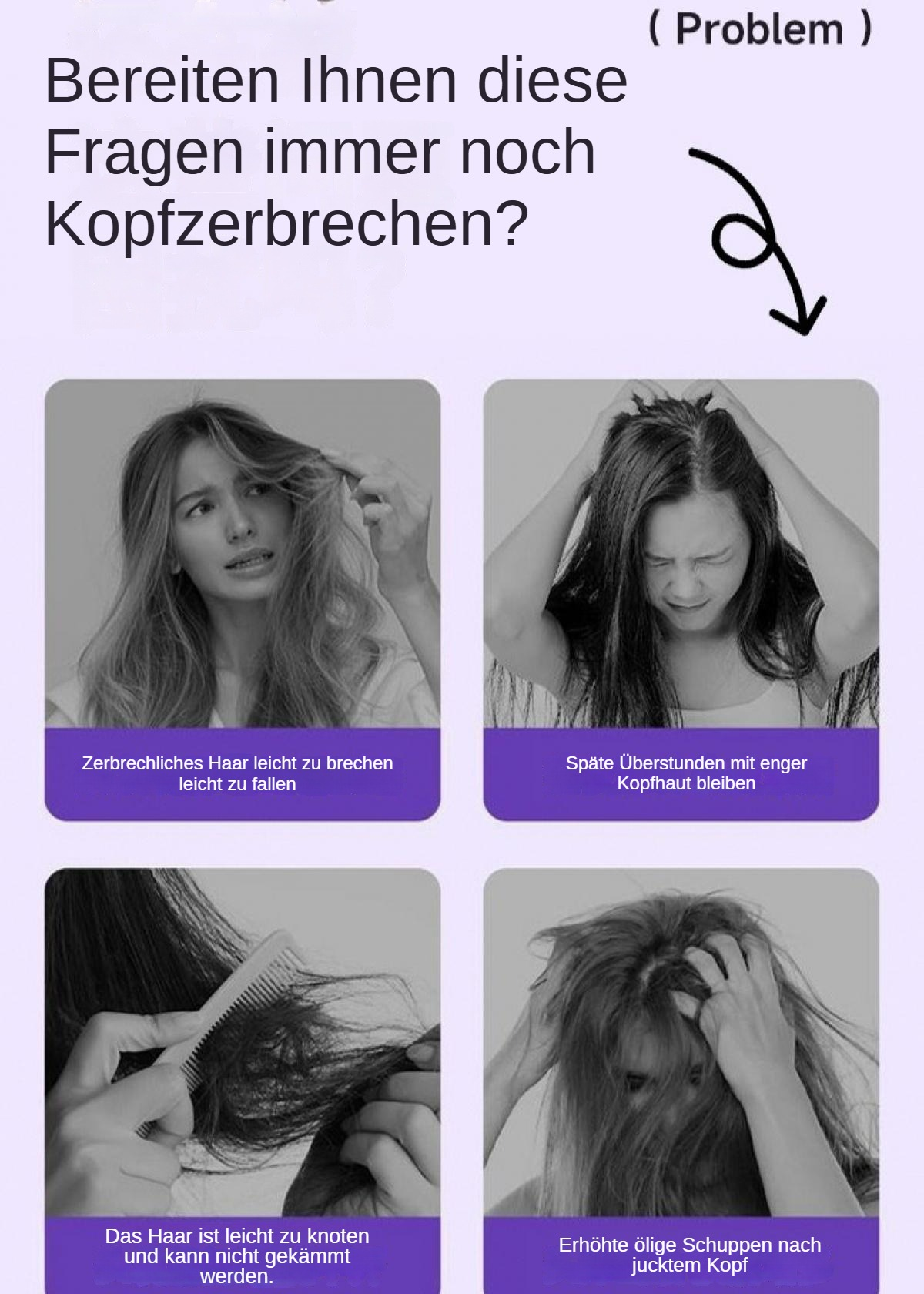 Eine Grafik zeigt vier Bilder von Frauen mit Haaren und Kopfhaut, mit deutschem Text und Überschrift.