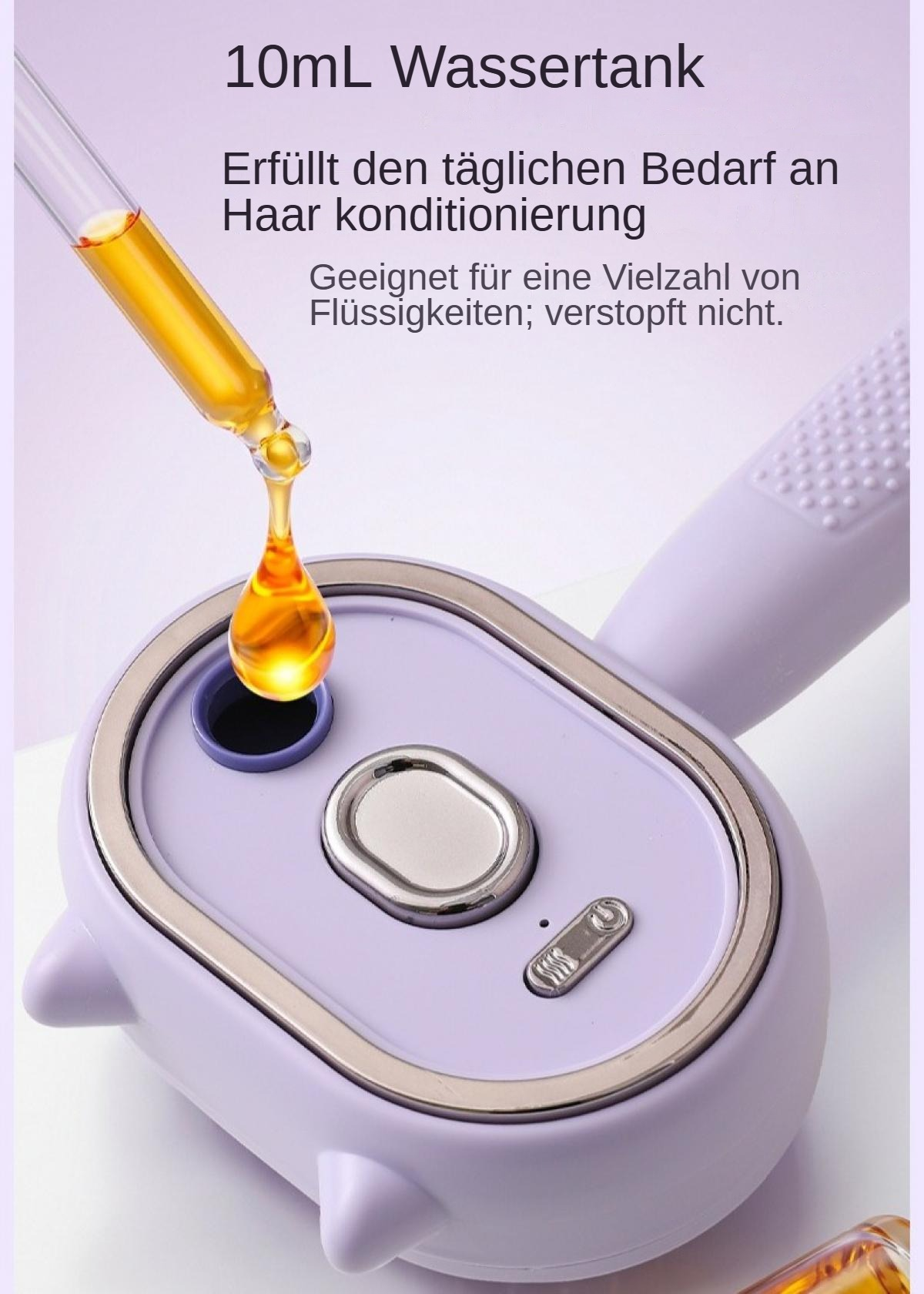 Ein gelber Flüssigkeitstropfen tropft aus einer Pipette in den Wassertank eines violetten Geräts.