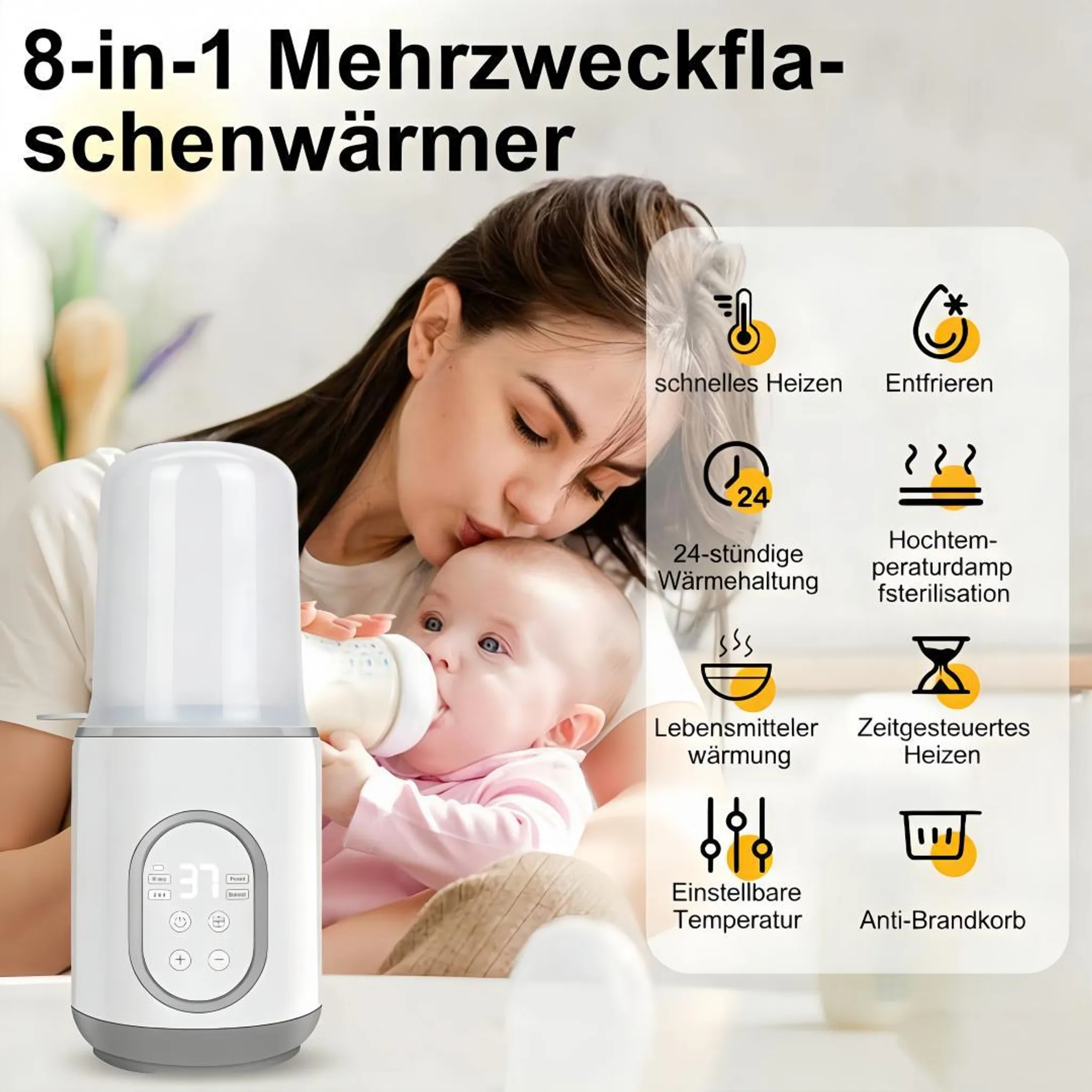 Eine Mutter küsst ihr Baby, das eine Flasche hält, neben einem 8-in-1-Flaschenwärmer mit Symbolen.