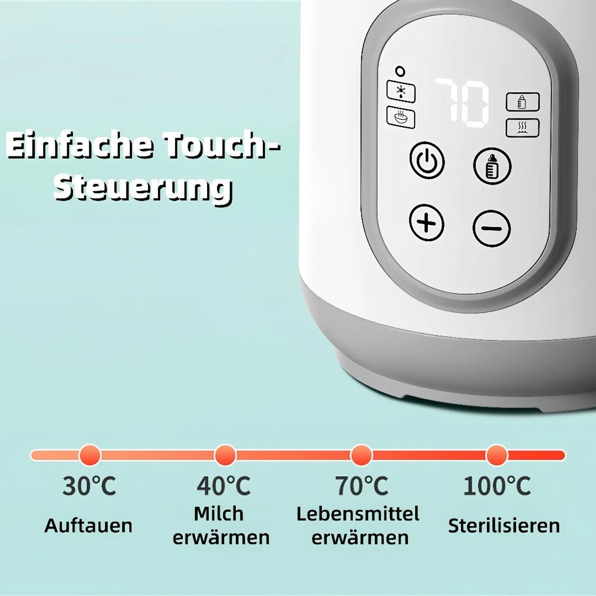 Touch-Steuerung und Temperatur-Skala von 30°C bis 100°C für Milch- und Babykostwärmer.