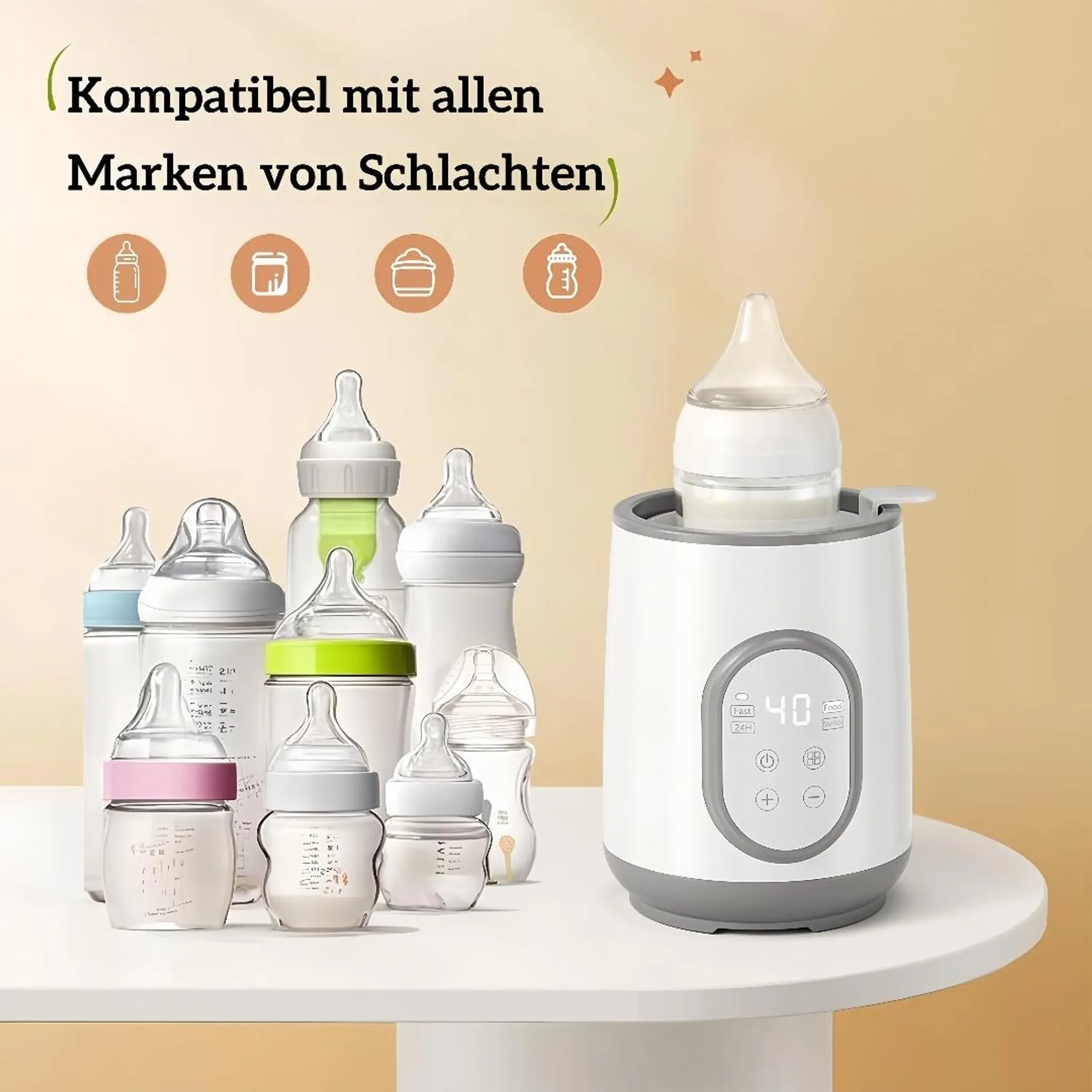 Ein weißer Babyflaschenwärmer mit Display und verschiedene Babyflaschen auf einem Tisch.