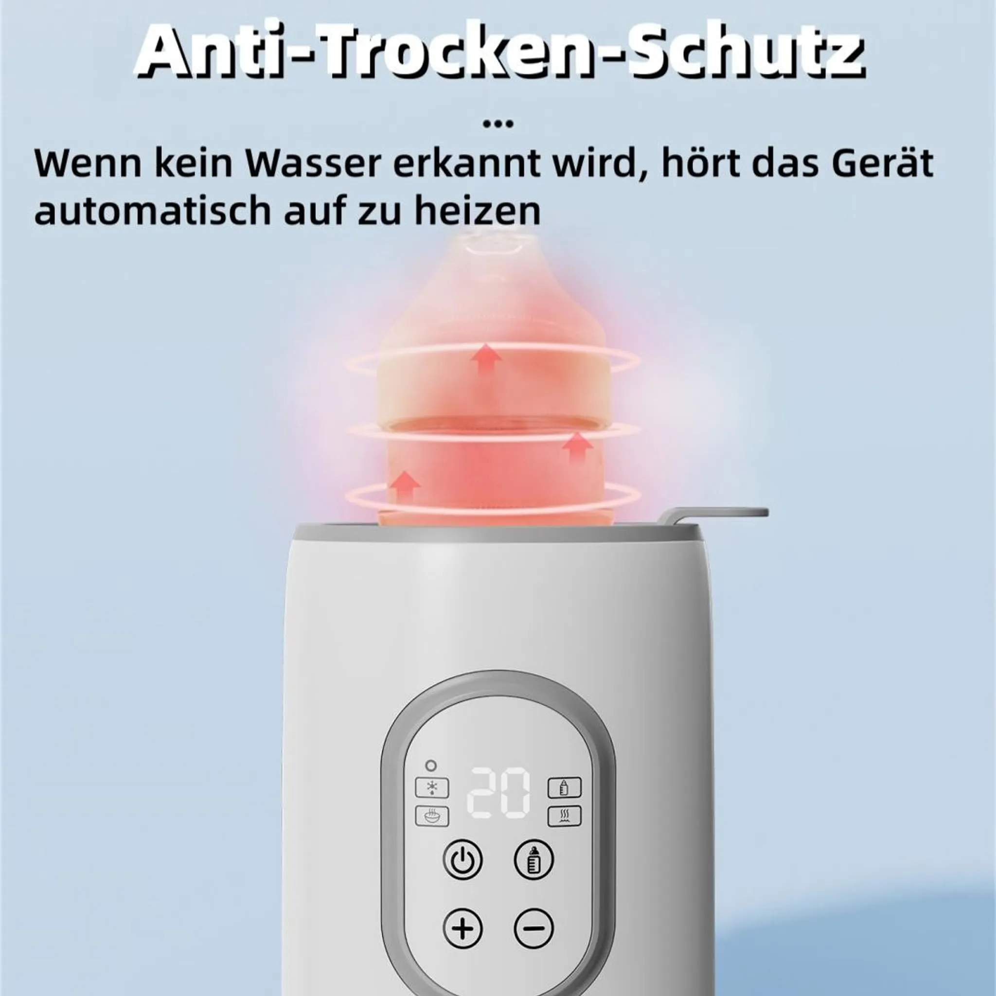 Ein weißer Flaschenwärmer mit Display und leuchtender Flasche, mit Text zum Trockengehschutz.