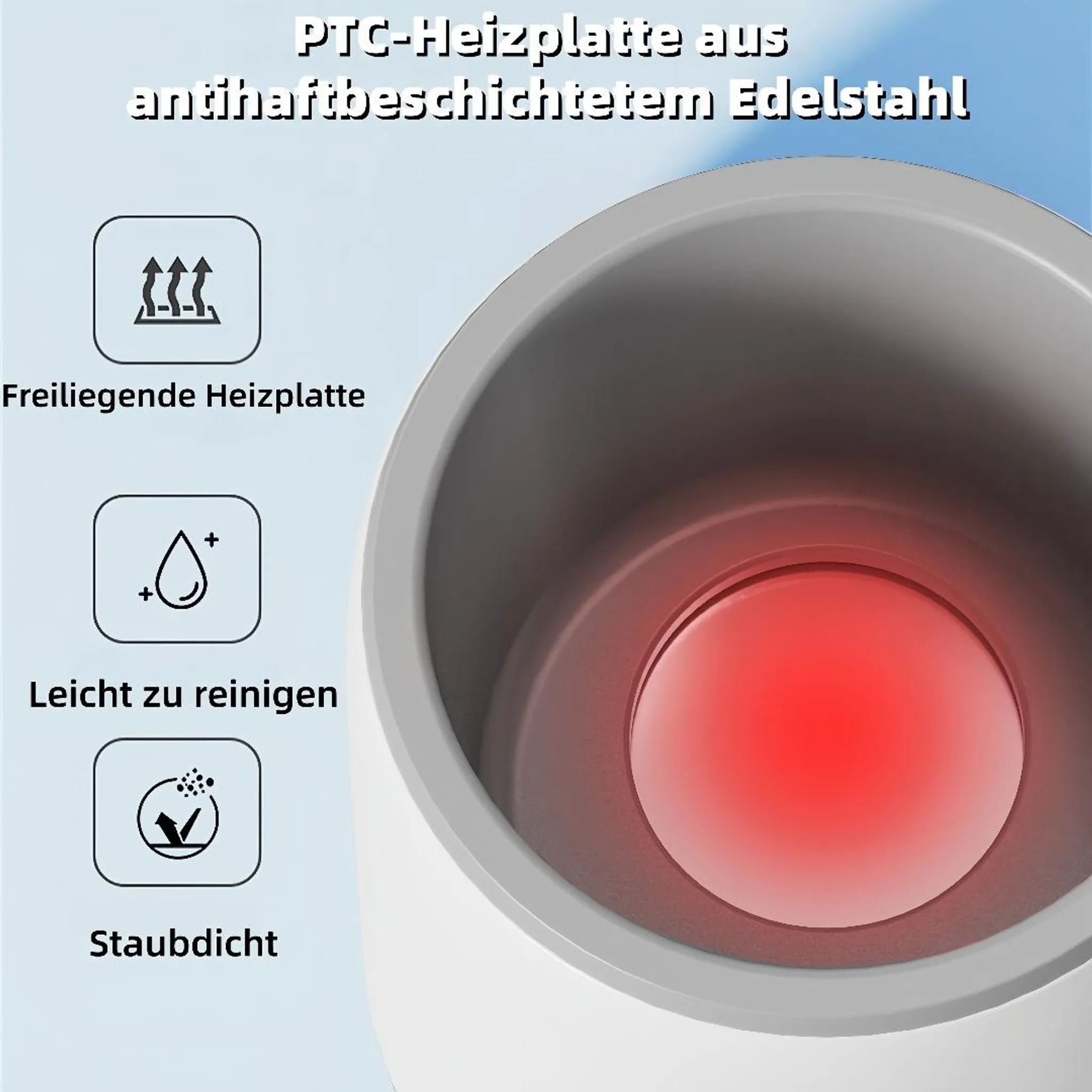 Blick von oben in ein Haushaltsgerät mit einer rot leuchtenden PTC-Heizplatte und Funktionssymbolen links.
