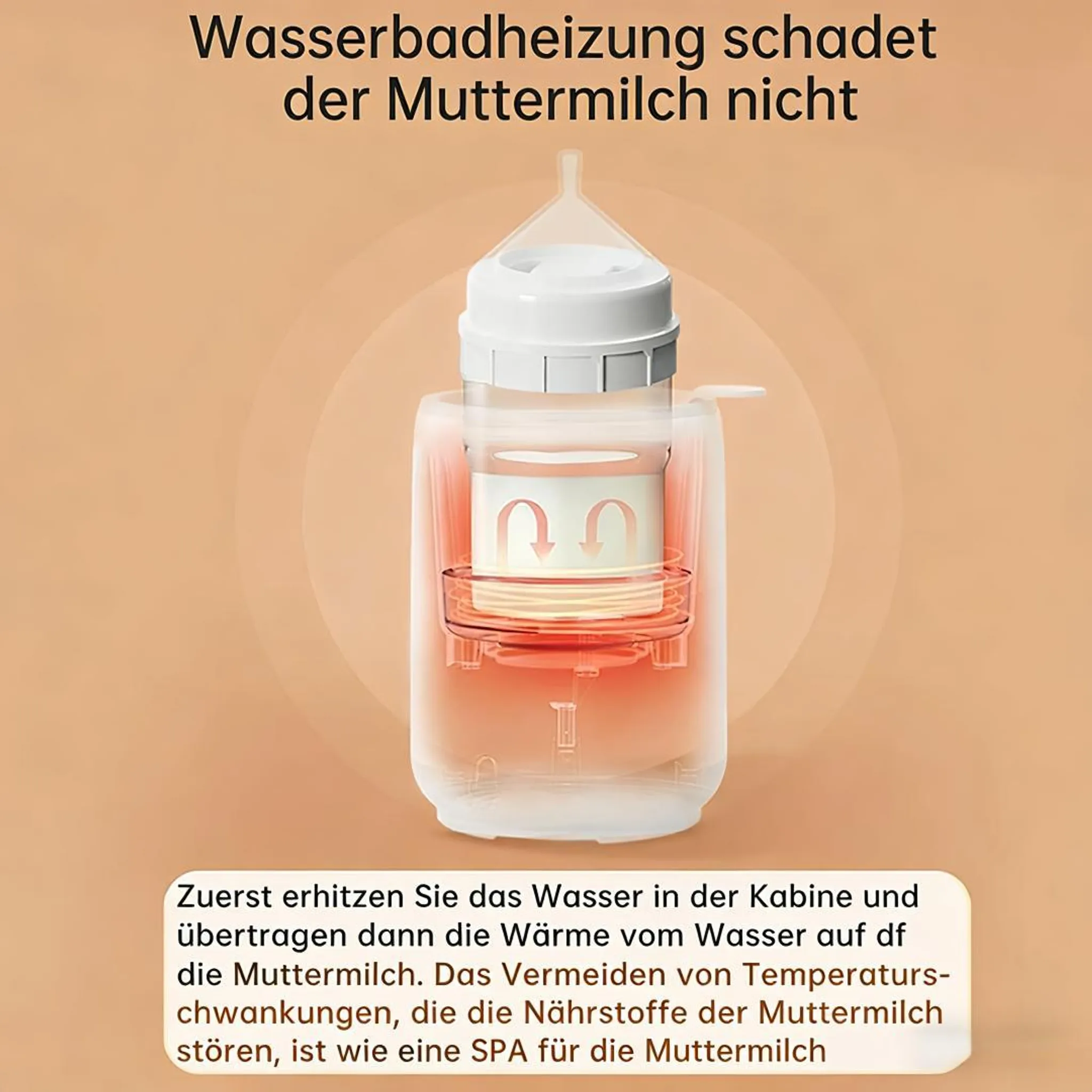 Eine Babyflasche wird in einem Wasserbad schonend erhitzt, um Nährstoffe in der Muttermilch zu schützen.