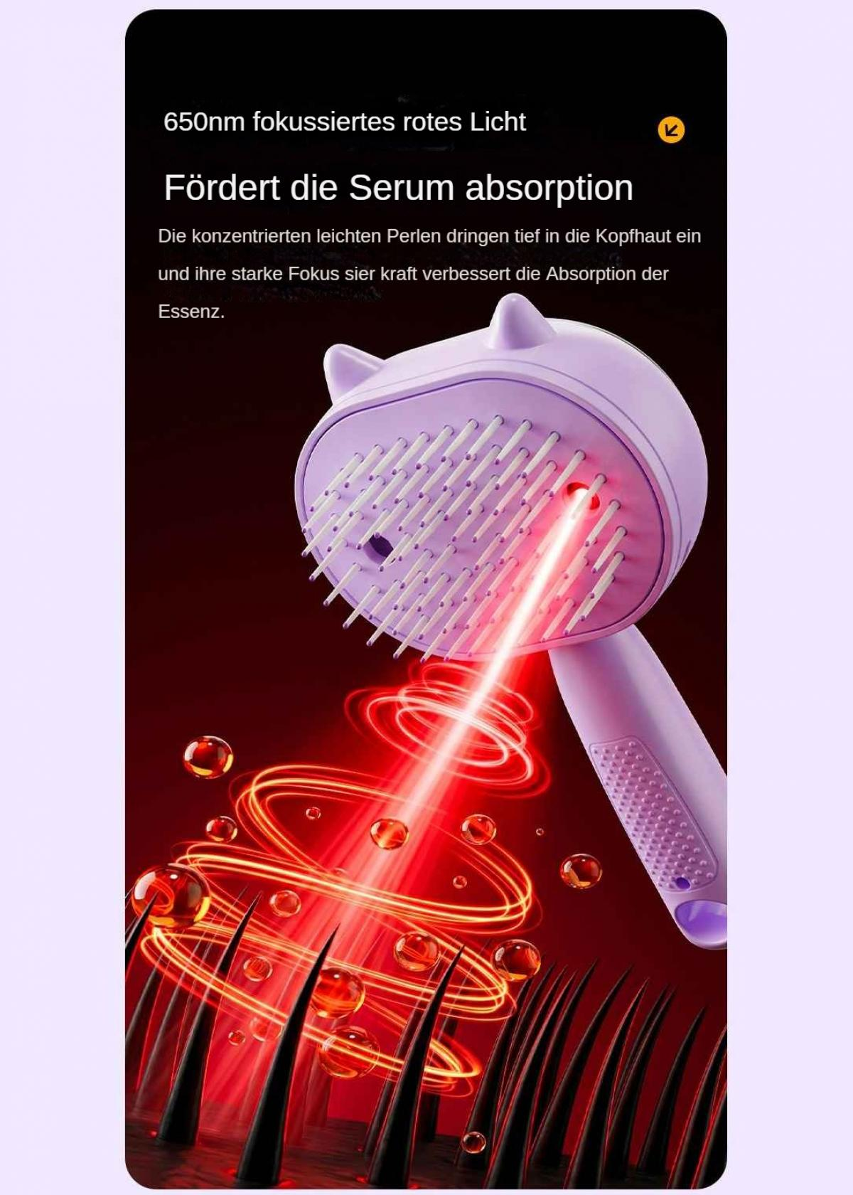 Ein lila Kopfhautmassagegerät strahlt rotes Licht auf Haare und Blasen vor dunklem Hintergrund.