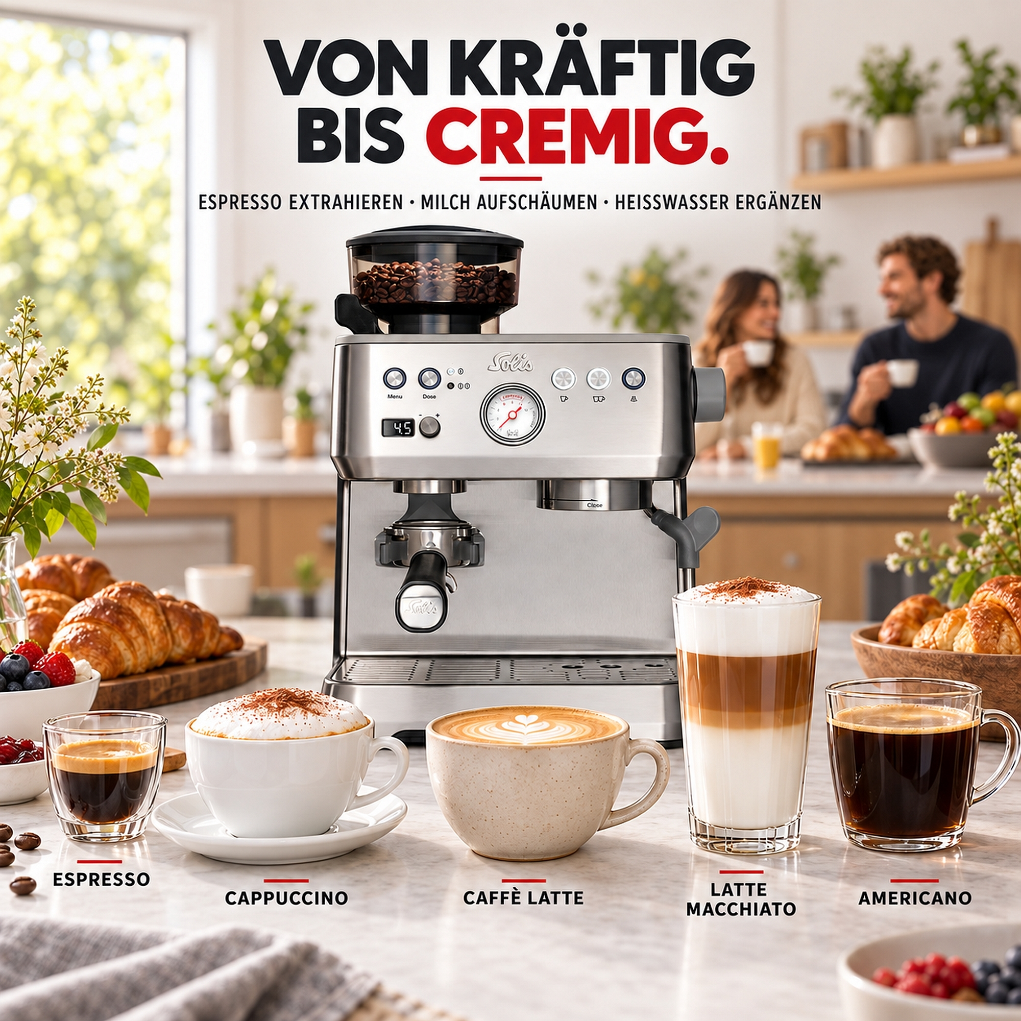 Eine Edelstahl-Espressomaschine auf einer Theke mit fünf Kaffeemöglichkeihen davor: Espresso, Cappuccino, Latte und Americano.