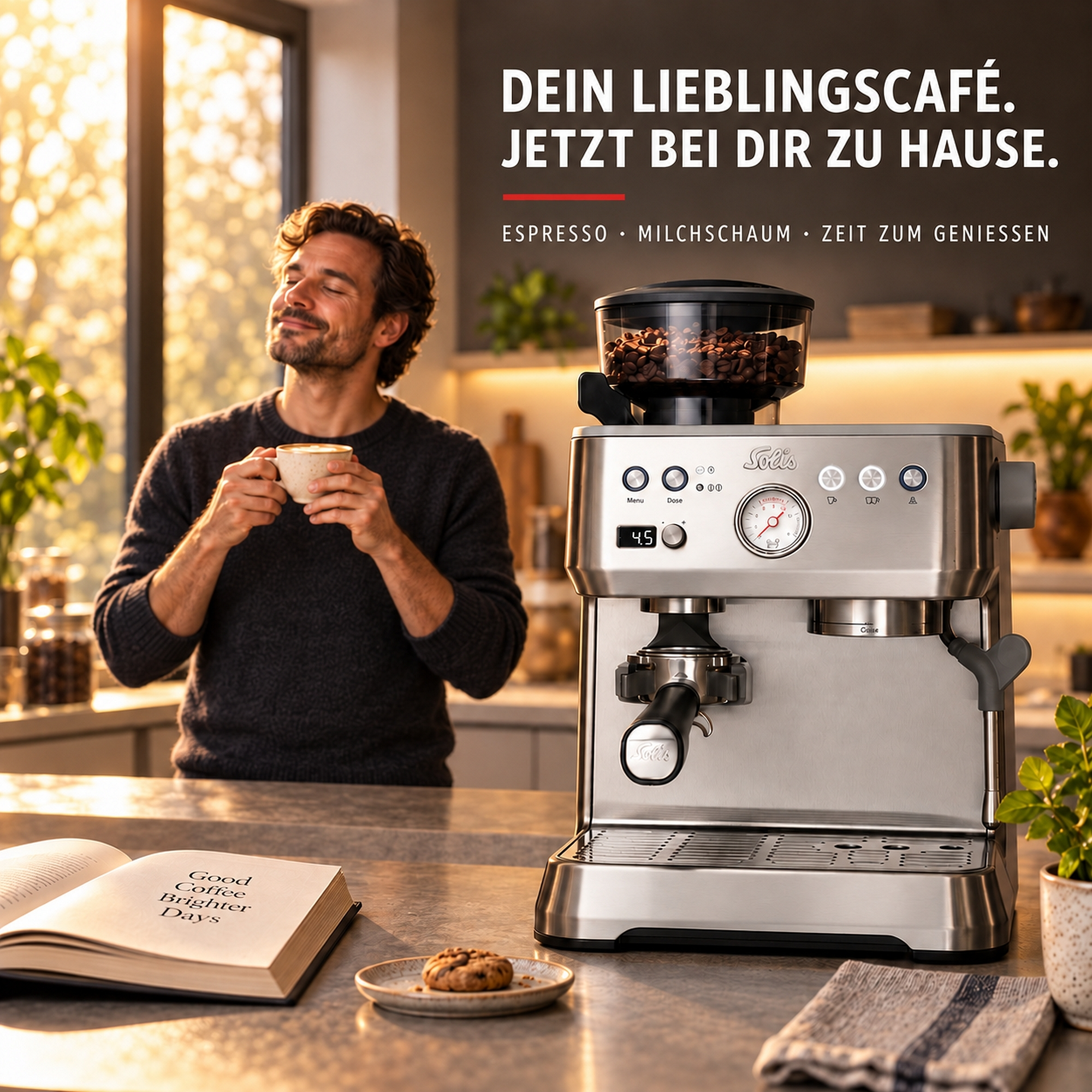 Ein Mann genießt Kaffee in einer Küche neben einer Espressomaschine und einem Buch.