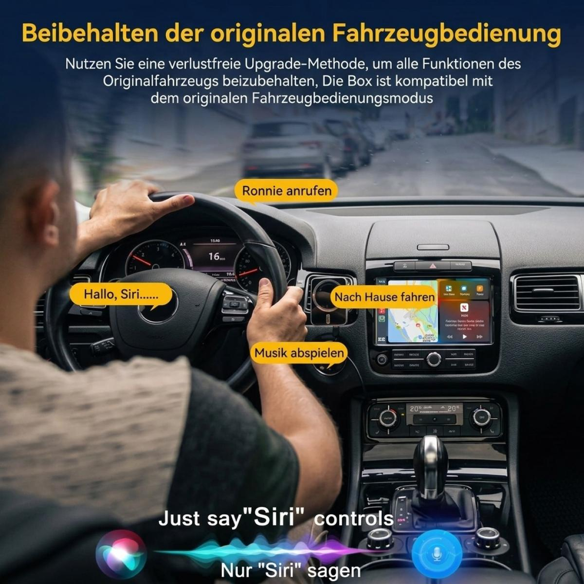 Ein Fahrer nutzt Sprachsteuerung mit Siri, während Textfelder Auto-Upgrade-Funktionen auf Deutsch erklären.