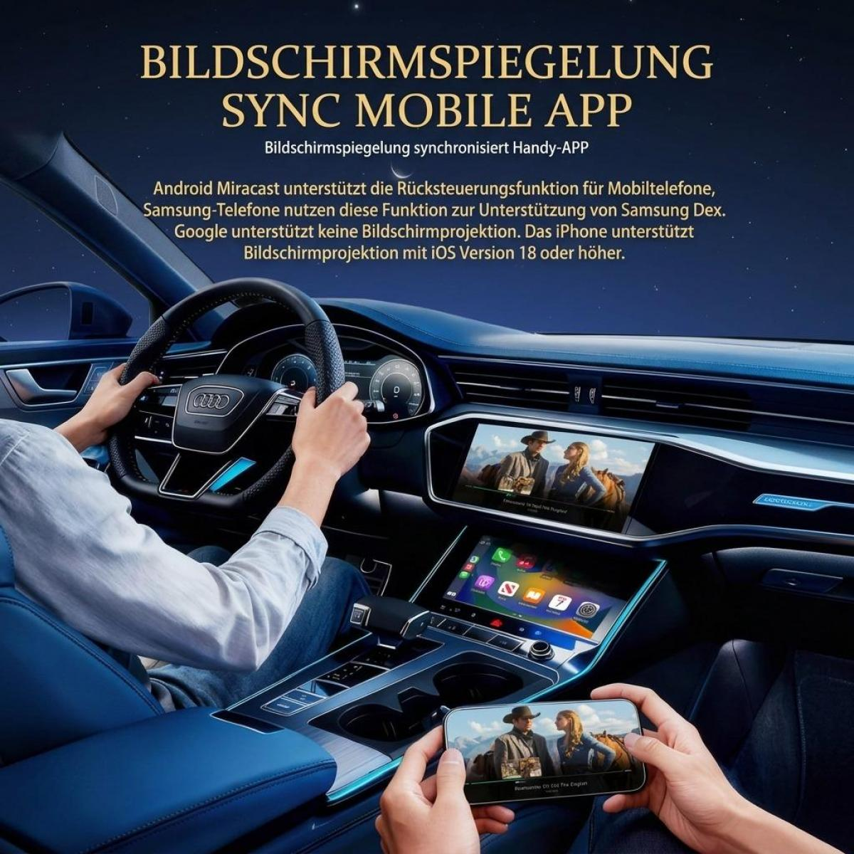Eine Person fährt Auto und spiegelt das Smartphone-Display auf den Bildschirm des Fahrzeugs.