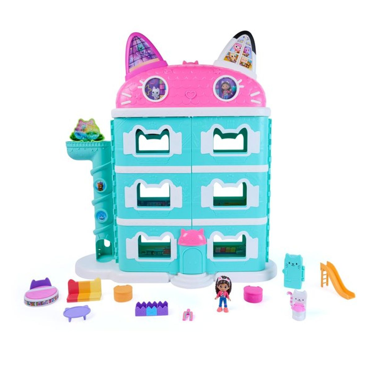 Bunte Puppenstube im Katzendesign mit Spielfiguren und Zubehörteilen.