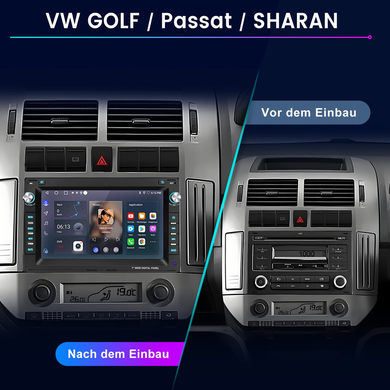 VW Armaturenbrett vor und nach dem Einbau eines Touchscreen-Autoradios.