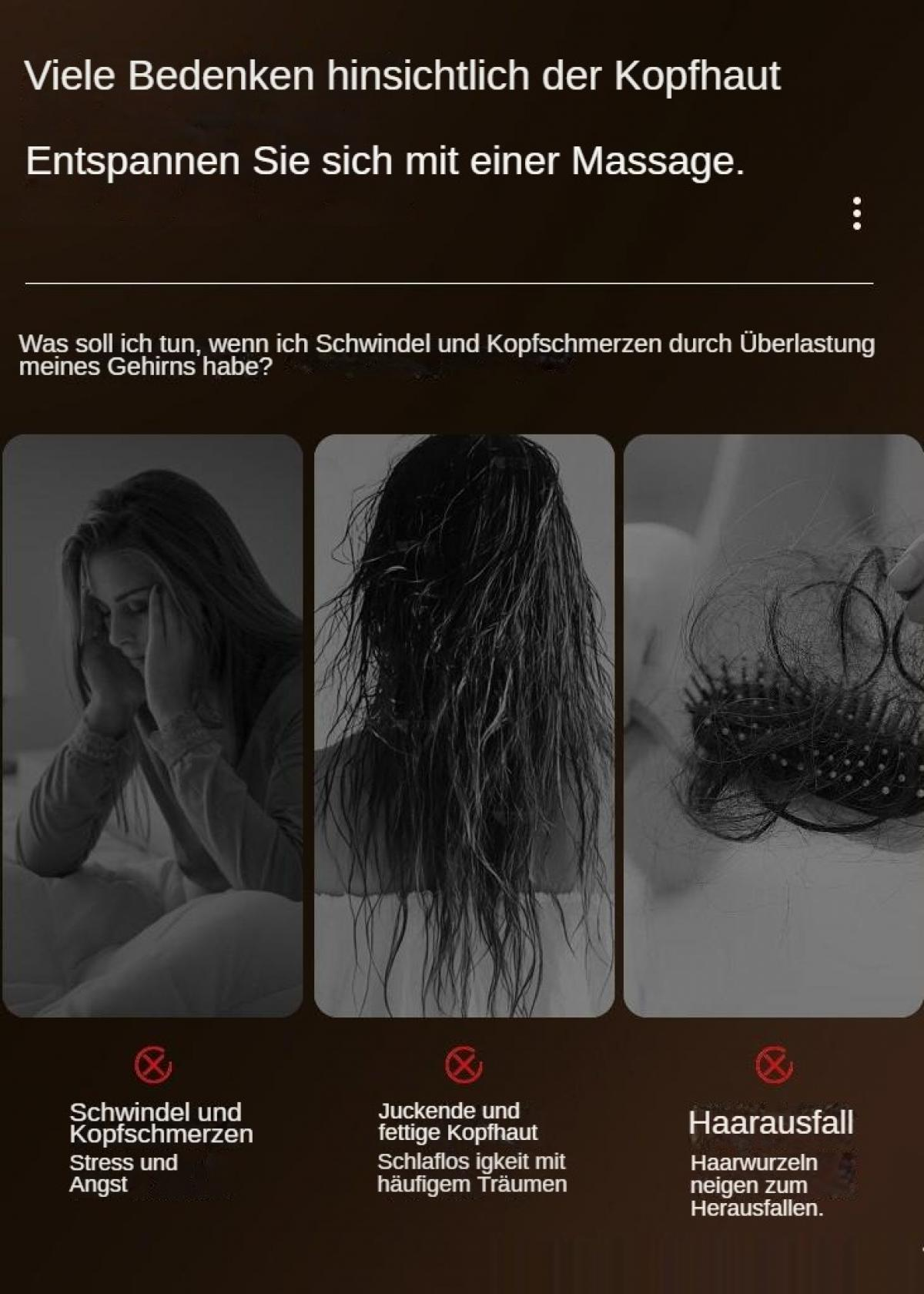 Informative Anzeige zu Kopfhautproblemen, Stress, fettigem Haar und Haarausfall mit drei begleitenden Bildern.