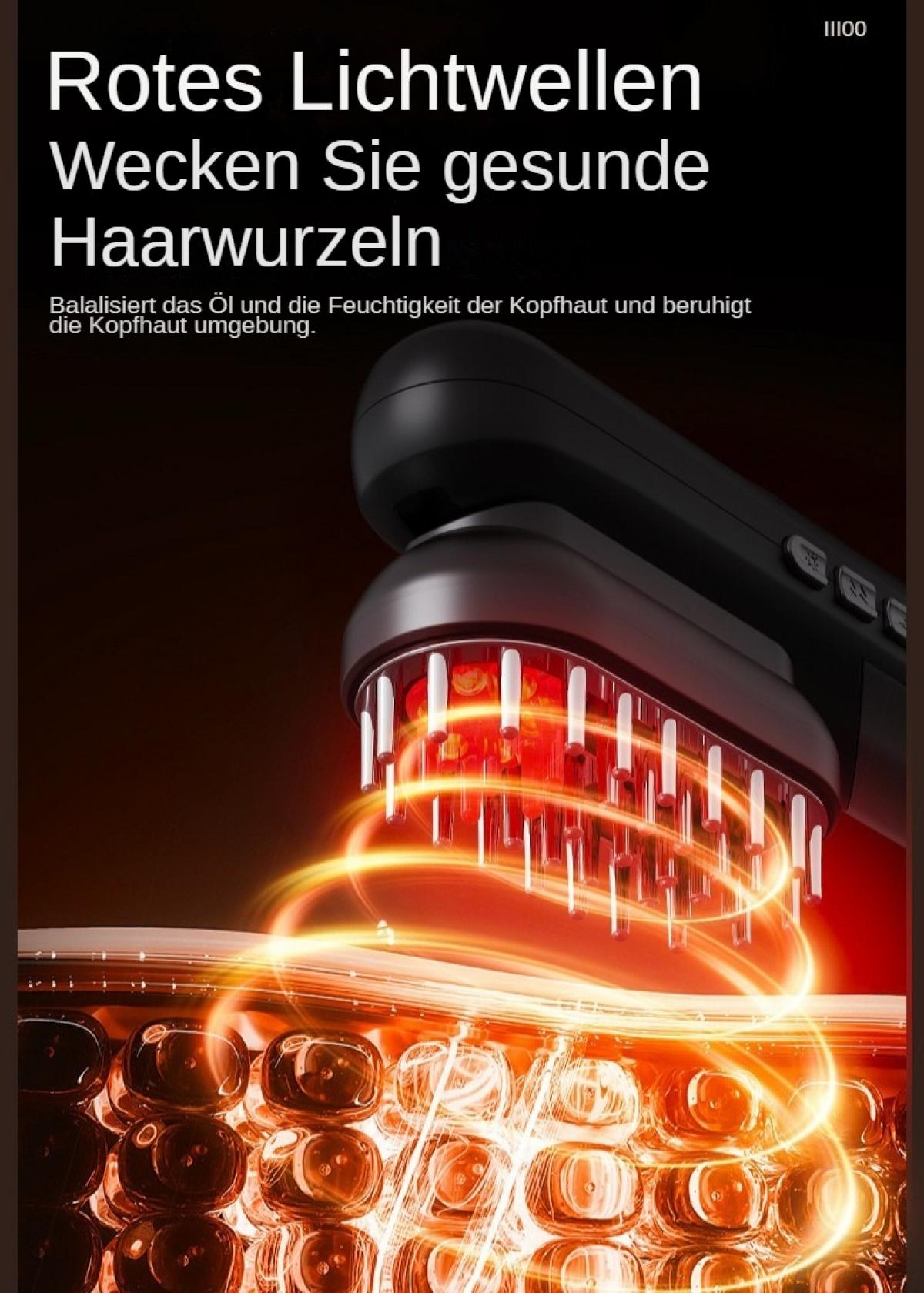 Schwarzes Haarpflegegerät mit rotem Licht und wellenförmigen Effekten über glänzenden Kapseln.