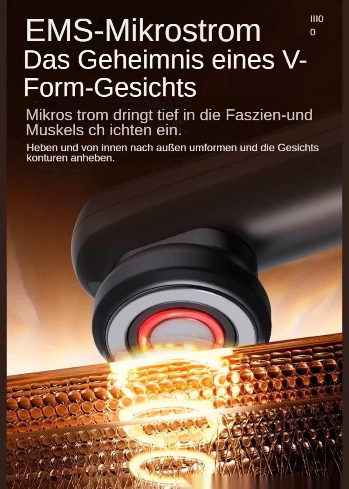 Ein EMS-Gerät strahlt rotes Licht auf eine Hautschicht aus, mit deutschem Text oben.