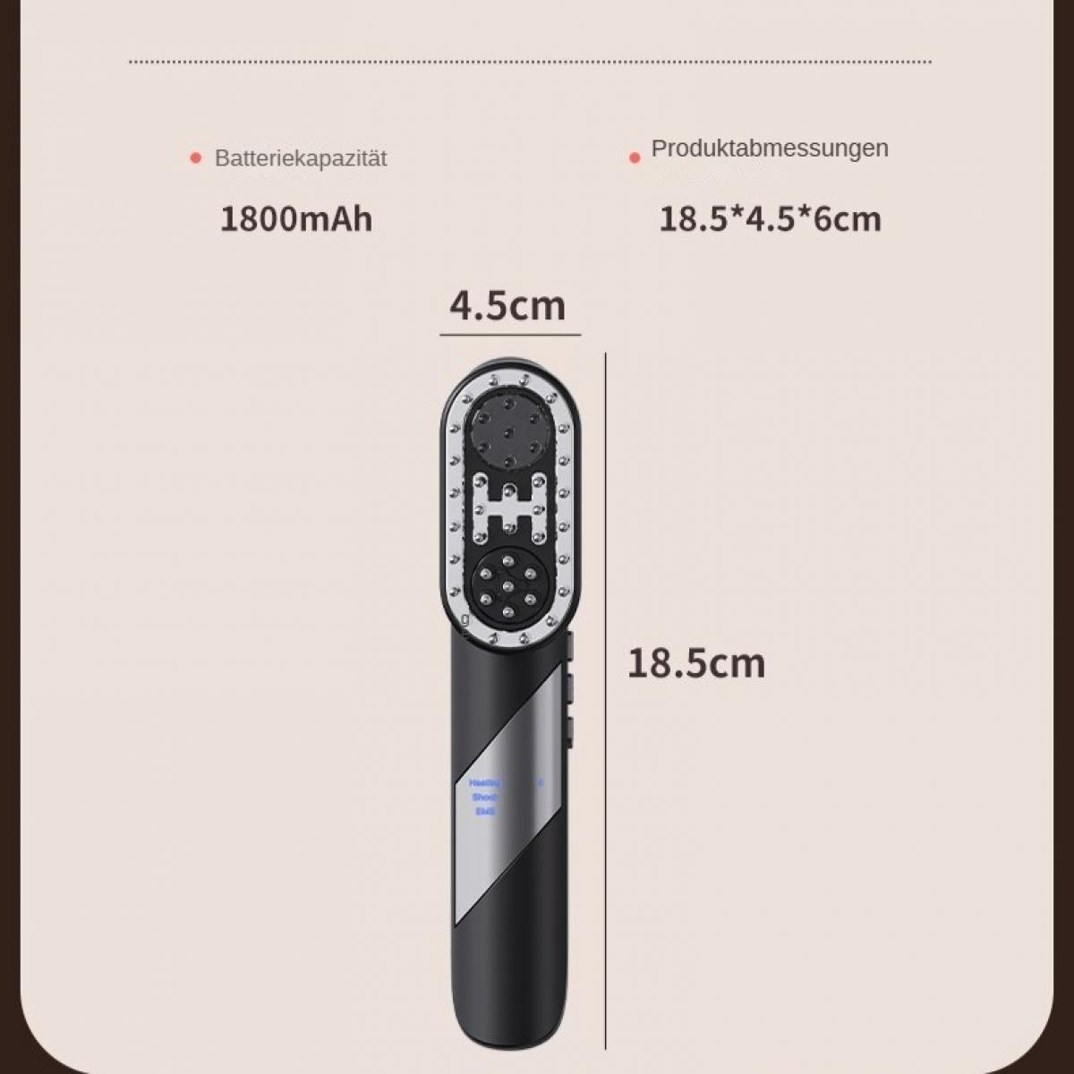 Technische Details eines Massagegeräts mit 1800mAh Akku und den Maßen 18,5x4,5x6cm.