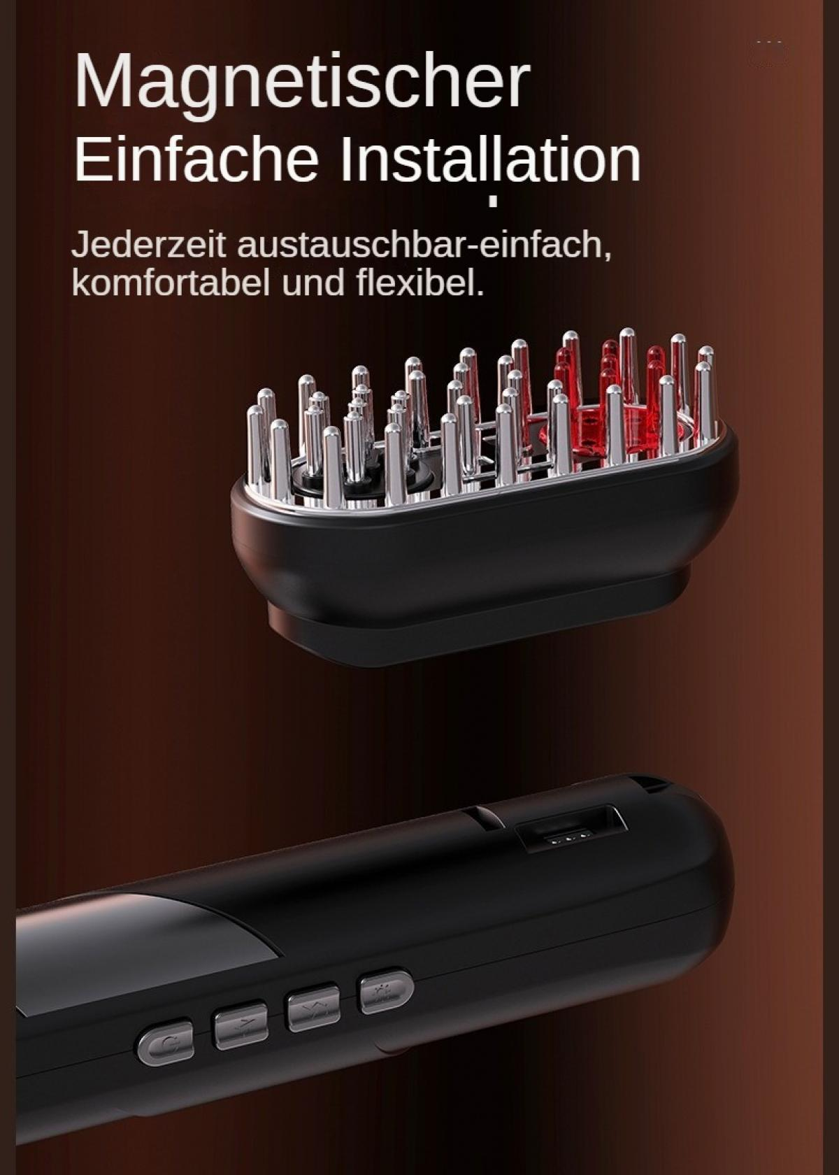 Schwarzes Haarbürsten-Gerät mit magnetischem Aufsatz, silbernen und roten Stiften sowie vier Tasten.
