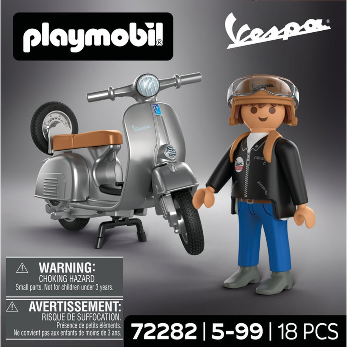 Playmobil-Set mit silbernem Vespa-Roller und Figur in Lederjacke mit Helm.