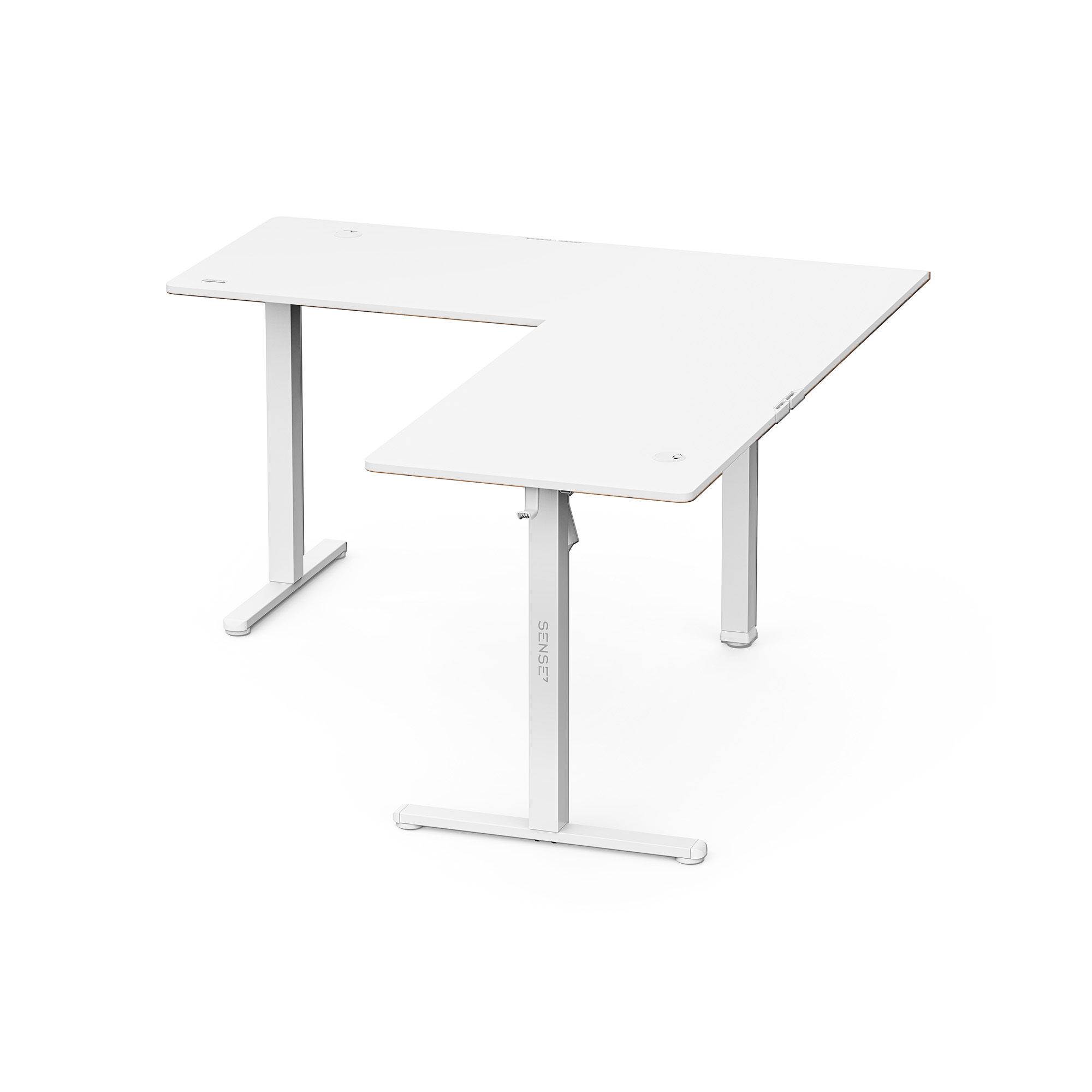 Una scrivania bianca a forma di L con tre gambe regolabili in altezza su sfondo bianco.