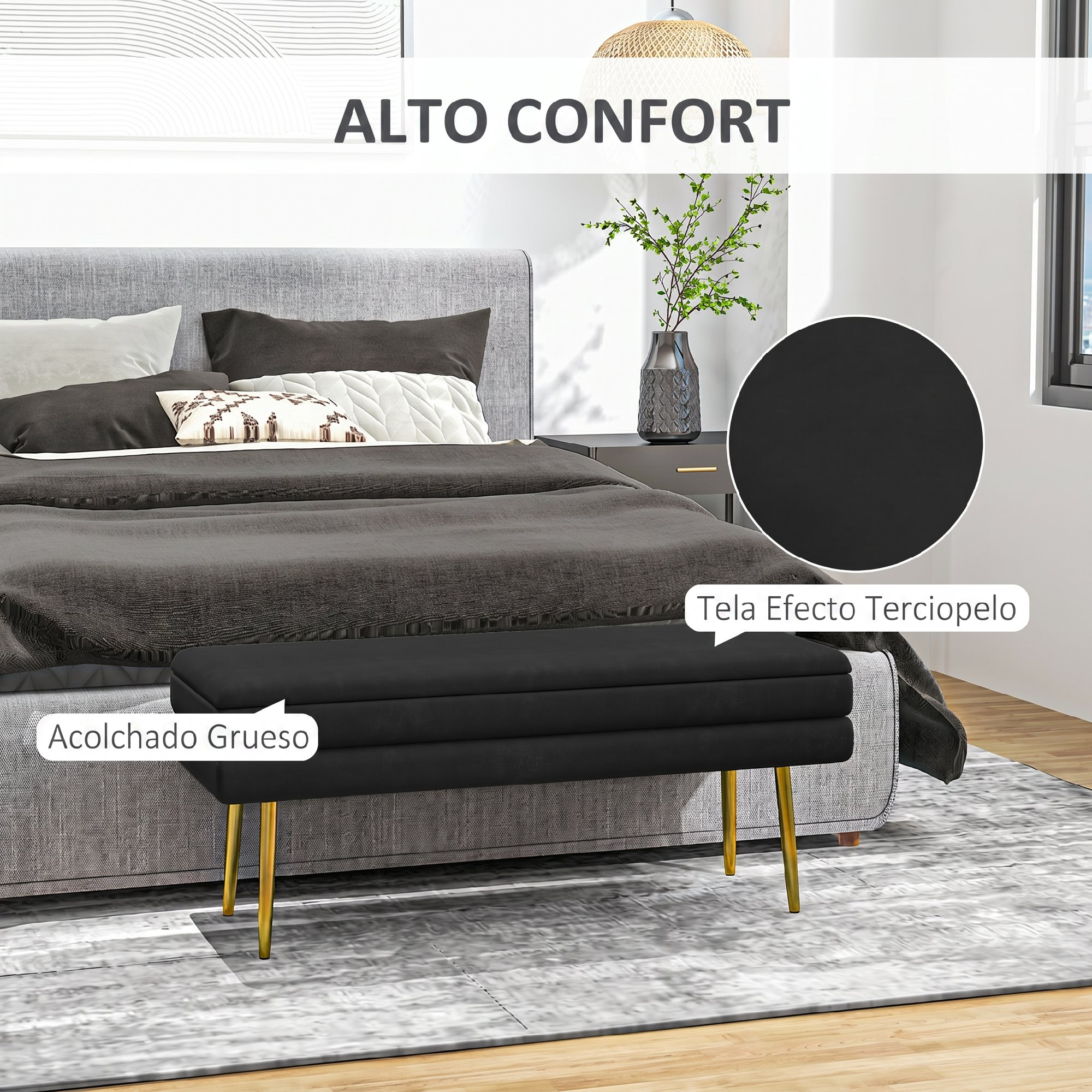 Banco de cama negro con acolchado grueso y patas doradas frente a una cama tapizada en gris.