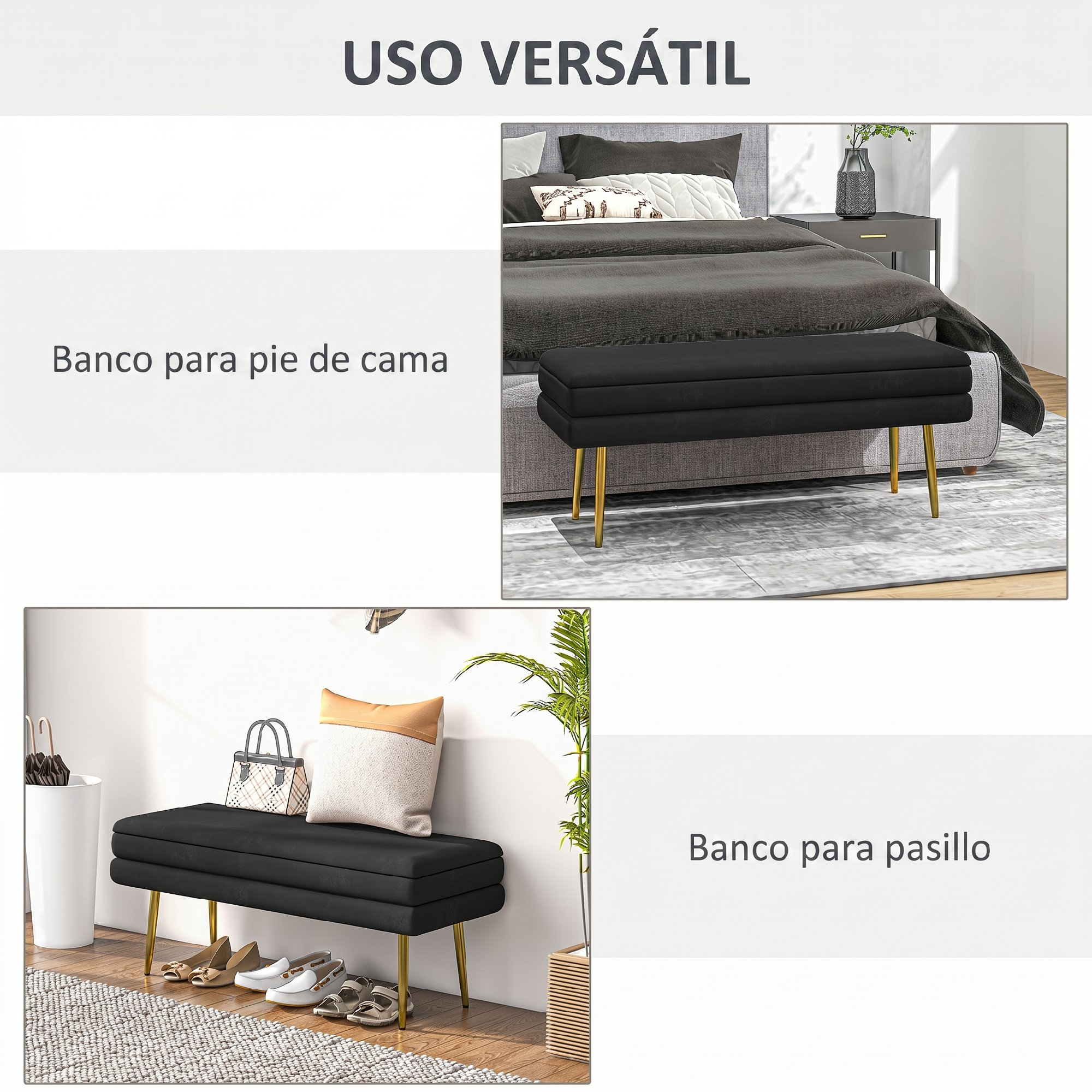 Collage que muestra un banco de terciopelo negro con patas doradas al pie de la cama y en un pasillo.