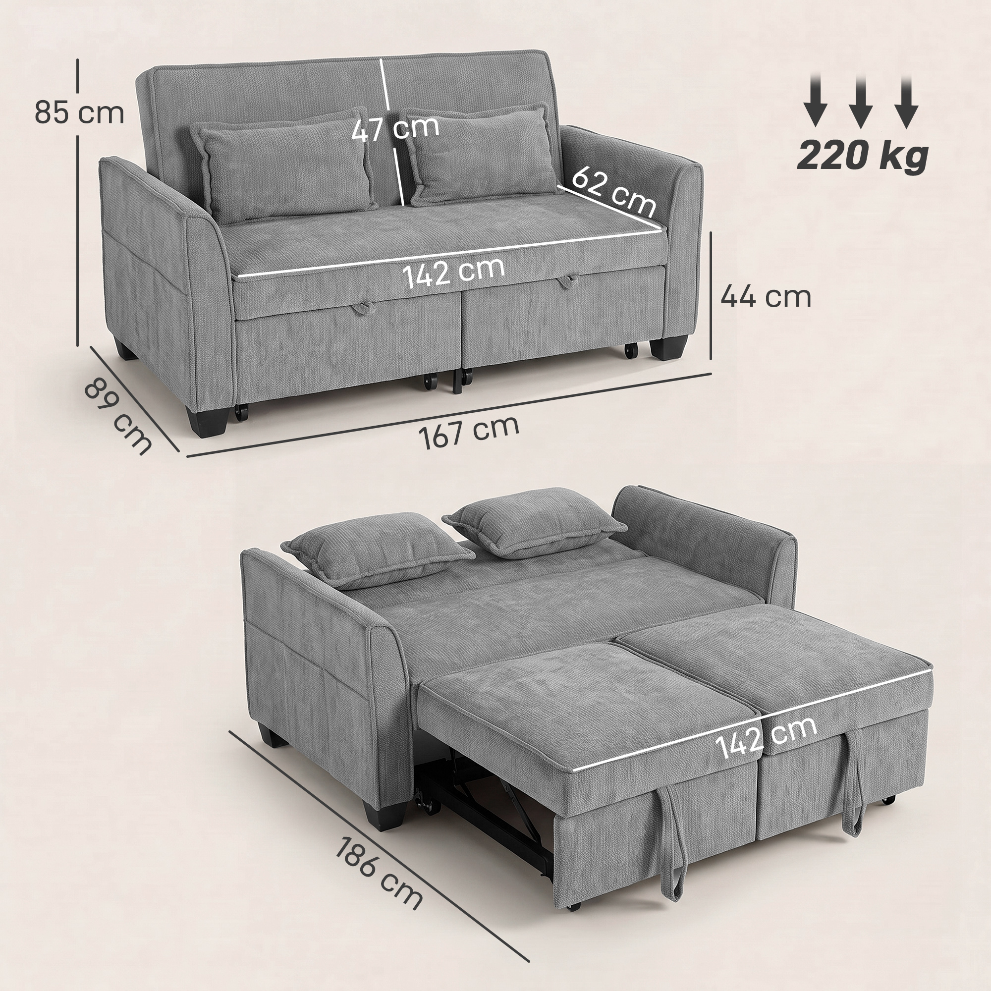 Sofá cama gris con dimensiones y dos cojines, mostrado plegado y desplegado, soporta hasta 220 kg.