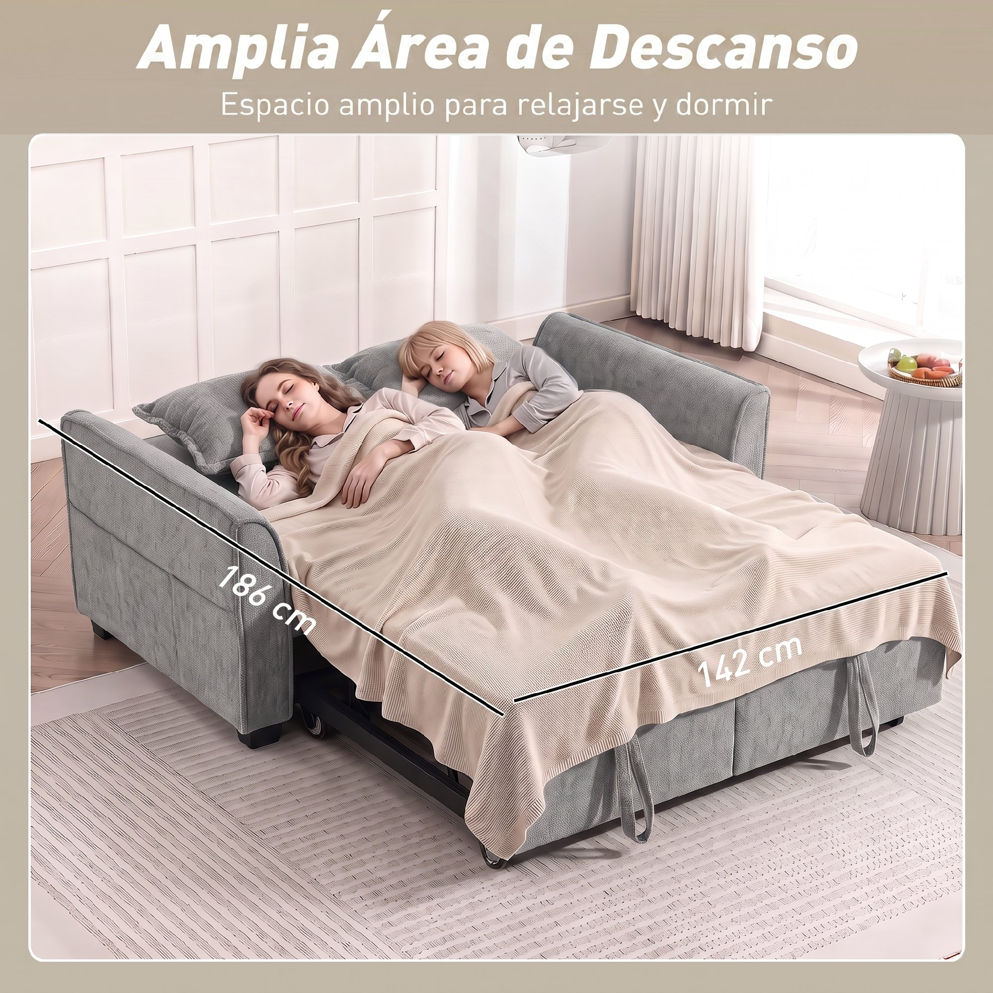 Dos personas durmiendo en un sofá cama gris con manta beis, dimensiones 186 cm por 142 cm.