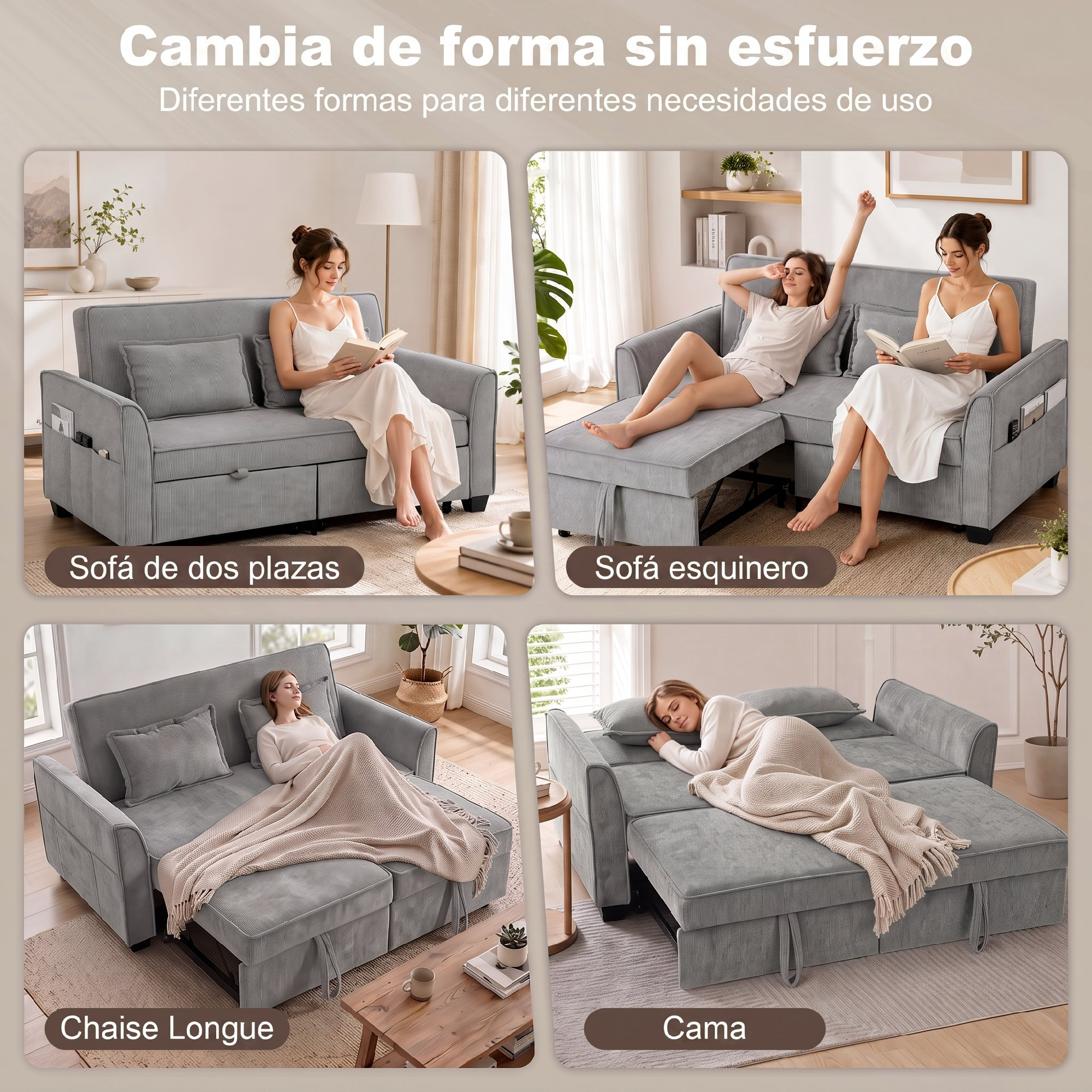 Cuatro imágenes muestran un versátil sofá cama gris que se transforma en sofá, chaise longue, esquinero y cama.