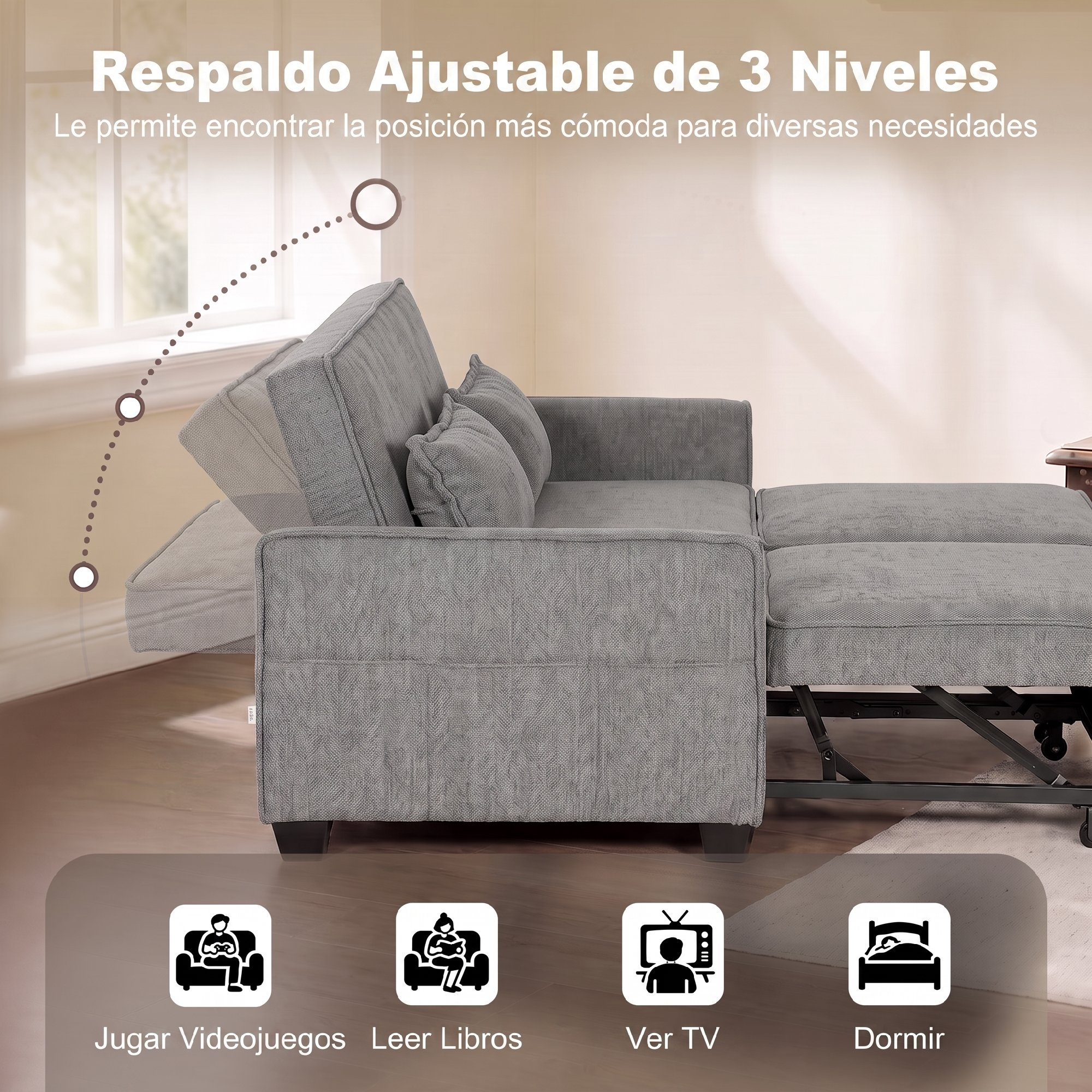Un sofá cama gris con respaldo ajustable mostrado en varias posiciones de reclinación.